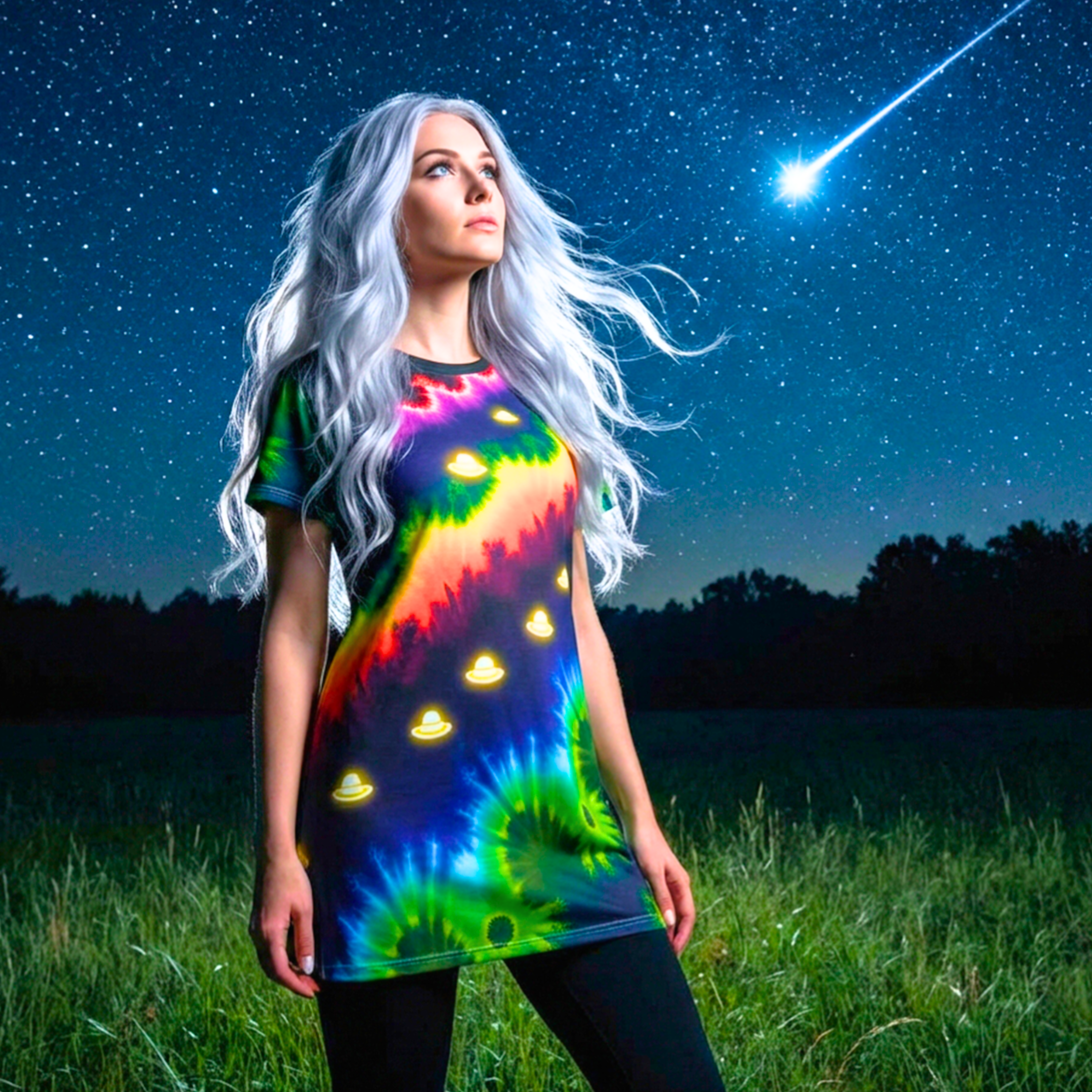 Tie-Dye UFO T-Shirt Dress — Rainbow Space Graphic AOP product thumbnail image