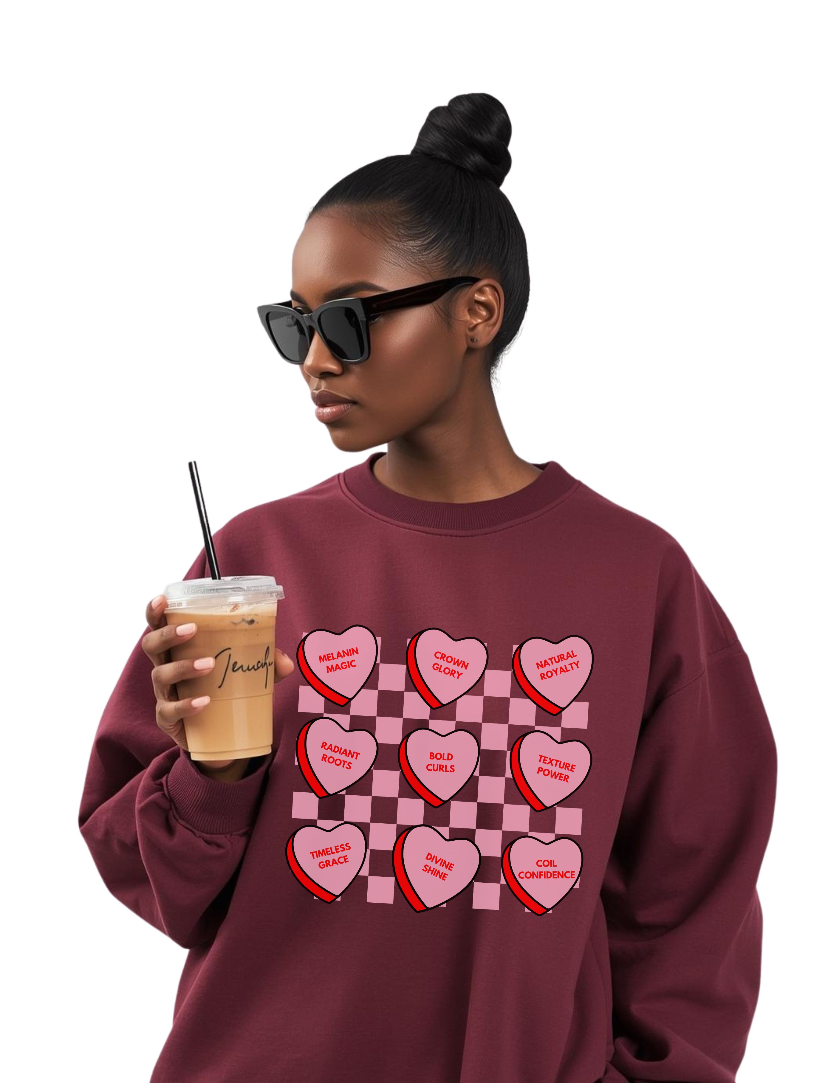 Valentine's Day Black Women Hair Types Appreciation Candy Heart Graphic Pullover Sweatshirt product thumbnail image Valentine's Day Black Women Hair Types Appreciation Candy Heart Graphic Pullover Sweatshirt product thumbnail image