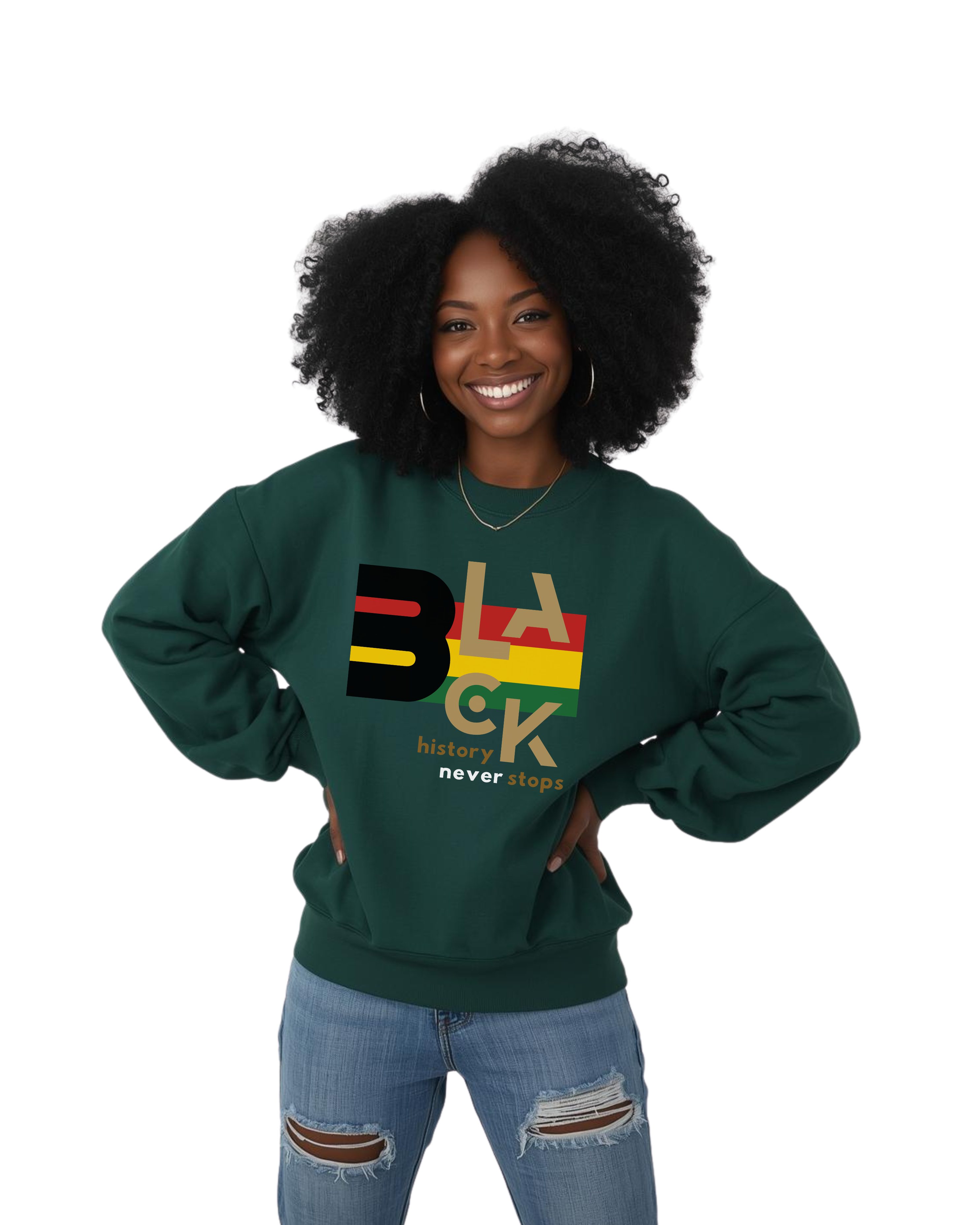 Black History Month Custom Crewneck "Black History Never Stops" Black Appreciation Pullover Sweatshirt product thumbnail image