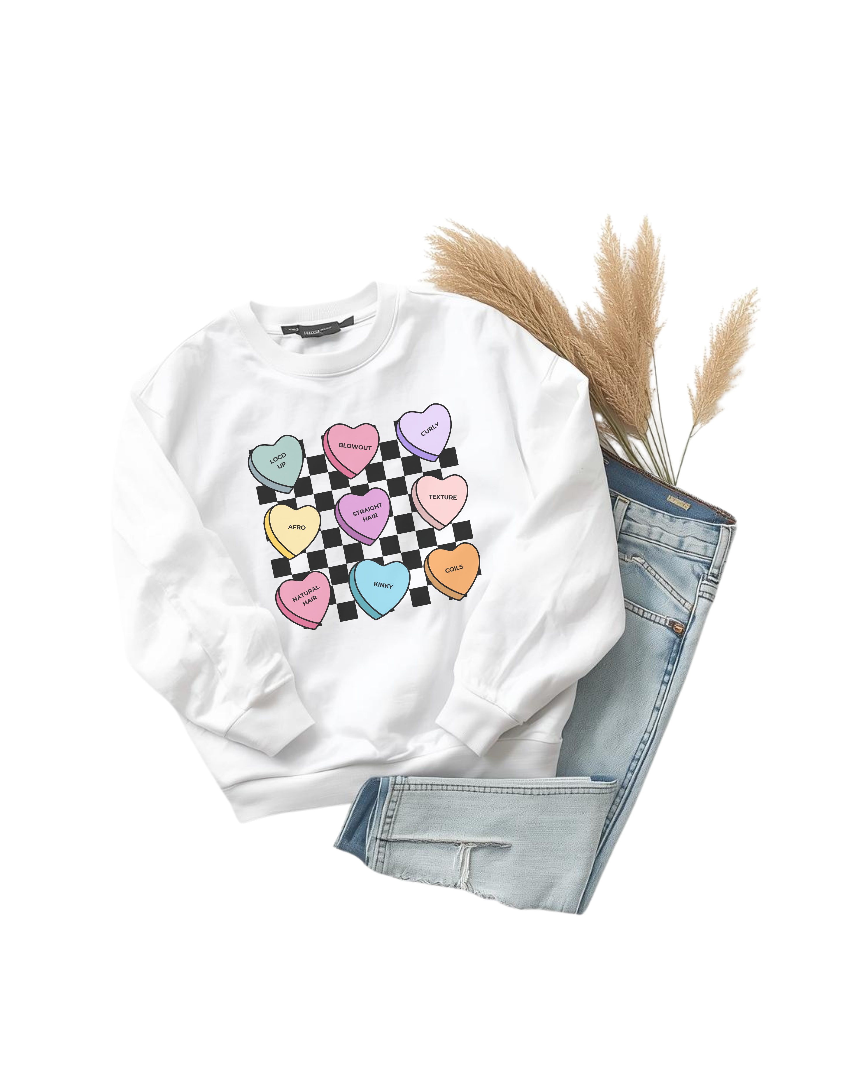 Colorful Candy Valentine's Day Black Women Hair Black Appreciation Candy Heart Graphic Sweatshirt product thumbnail image Colorful Candy Valentine's Day Black Women Hair Black Appreciation Candy Heart Graphic Sweatshirt product thumbnail image