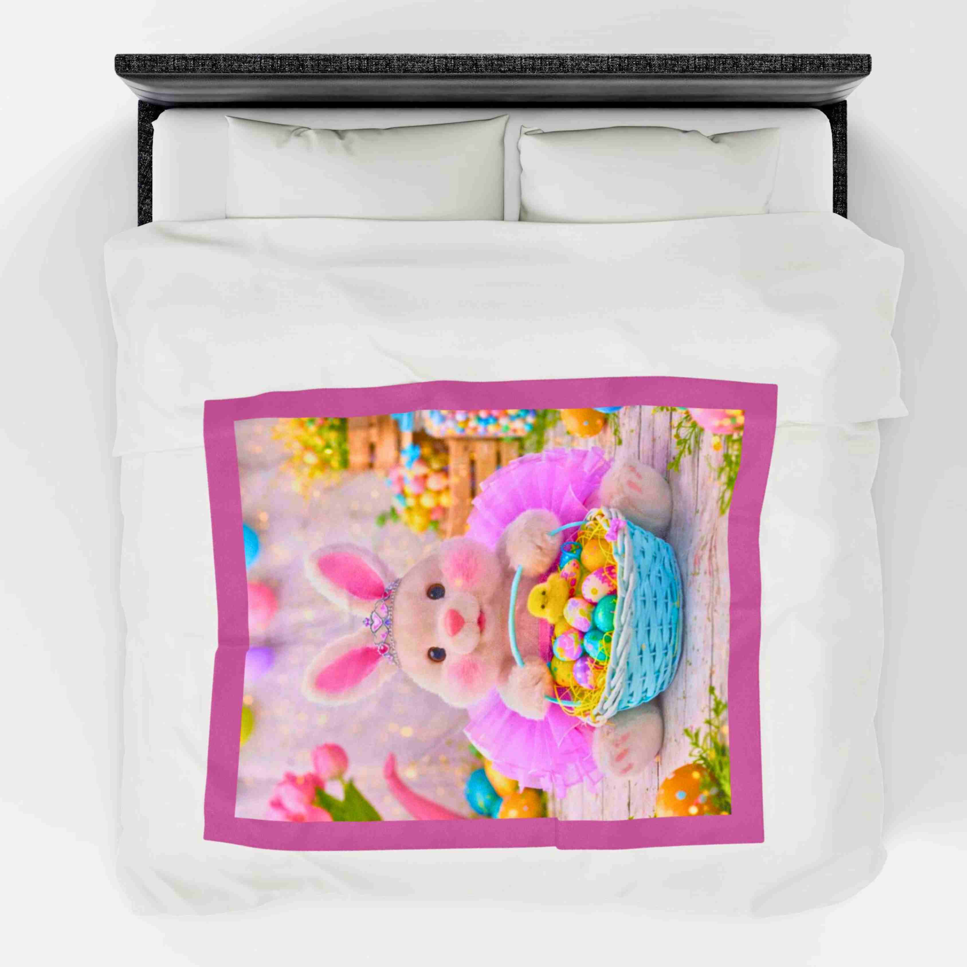Easter Bunny Plush Blanket | Velveteen Bunny with Basket of Eggs product thumbnail image Easter Bunny Plush Blanket | Velveteen Bunny with Basket of Eggs product thumbnail image
