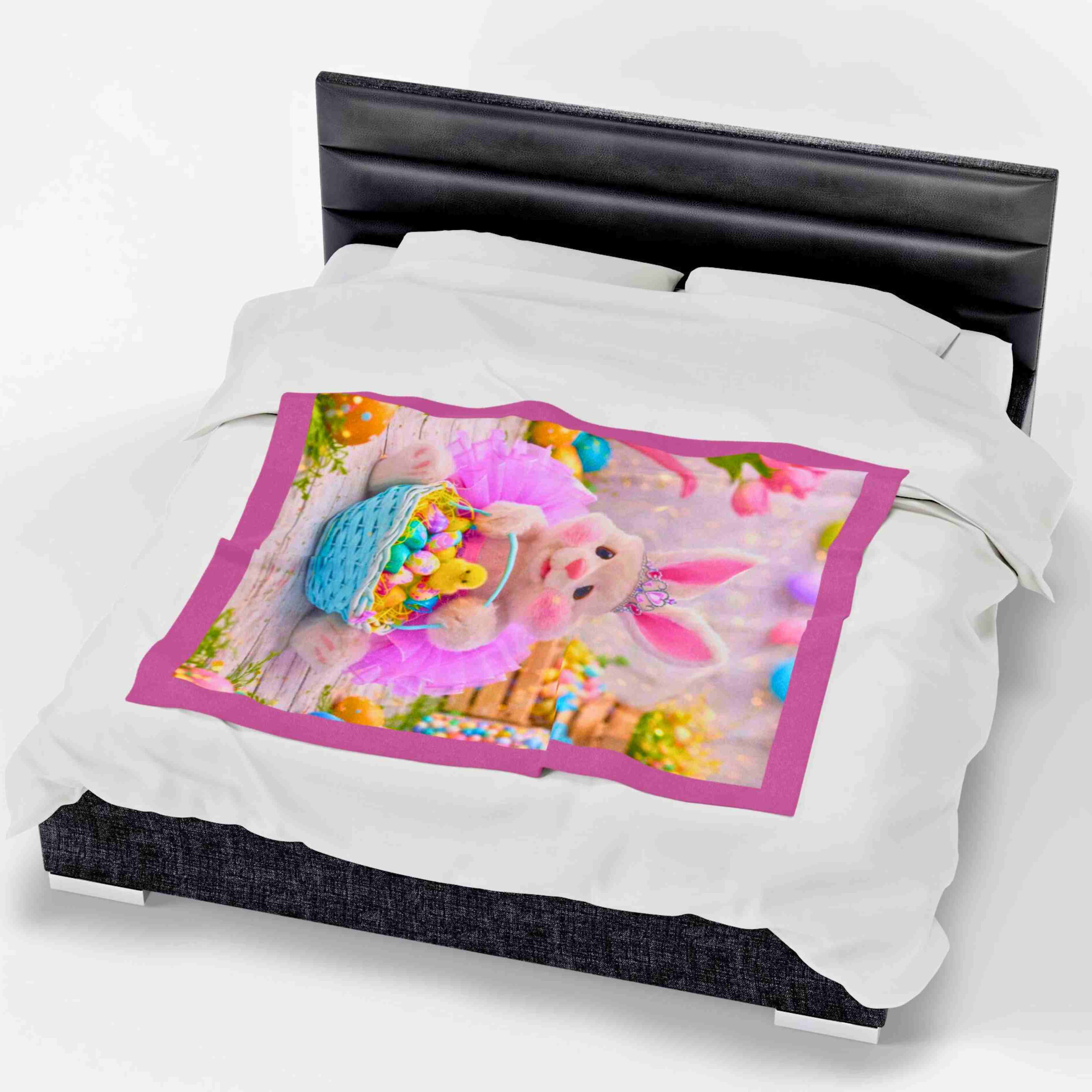 Easter Bunny Plush Blanket | Velveteen Bunny with Basket of Eggs product thumbnail image Easter Bunny Plush Blanket | Velveteen Bunny with Basket of Eggs product thumbnail image