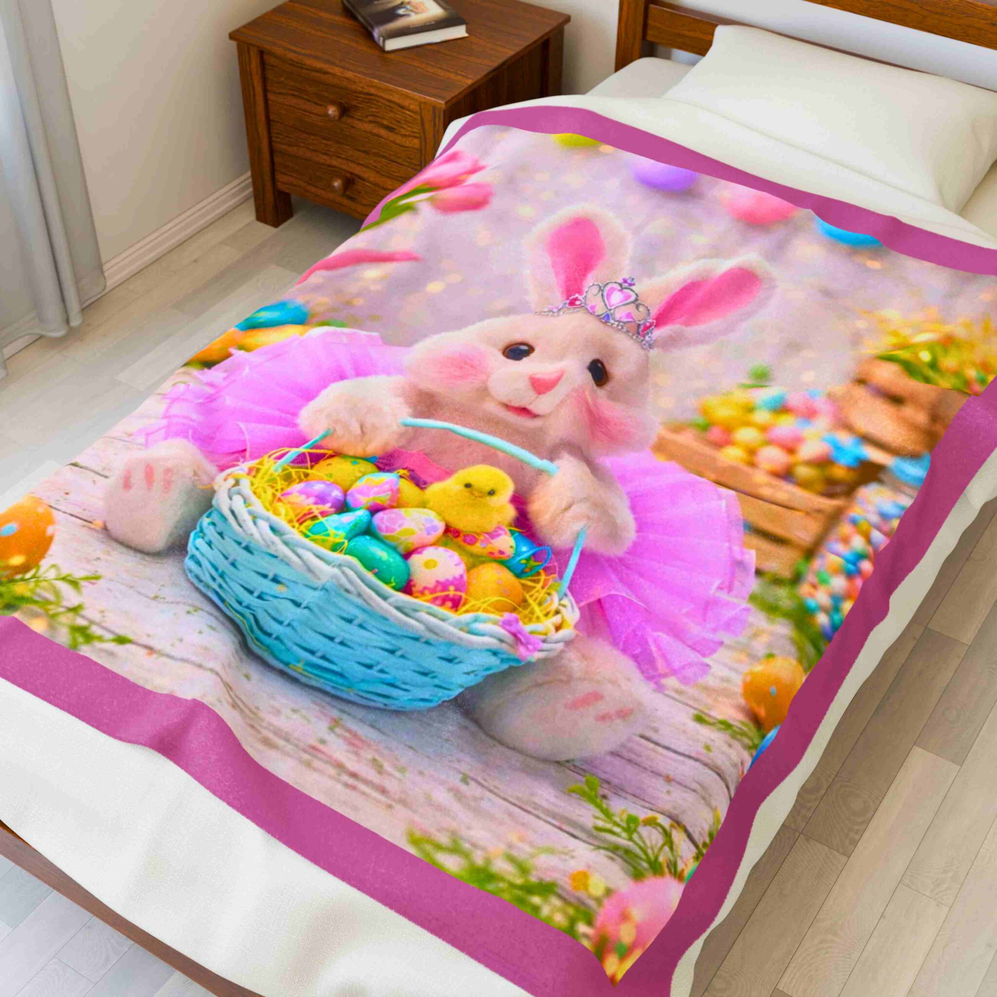 Easter Bunny Plush Blanket | Velveteen Bunny with Basket of Eggs product thumbnail image