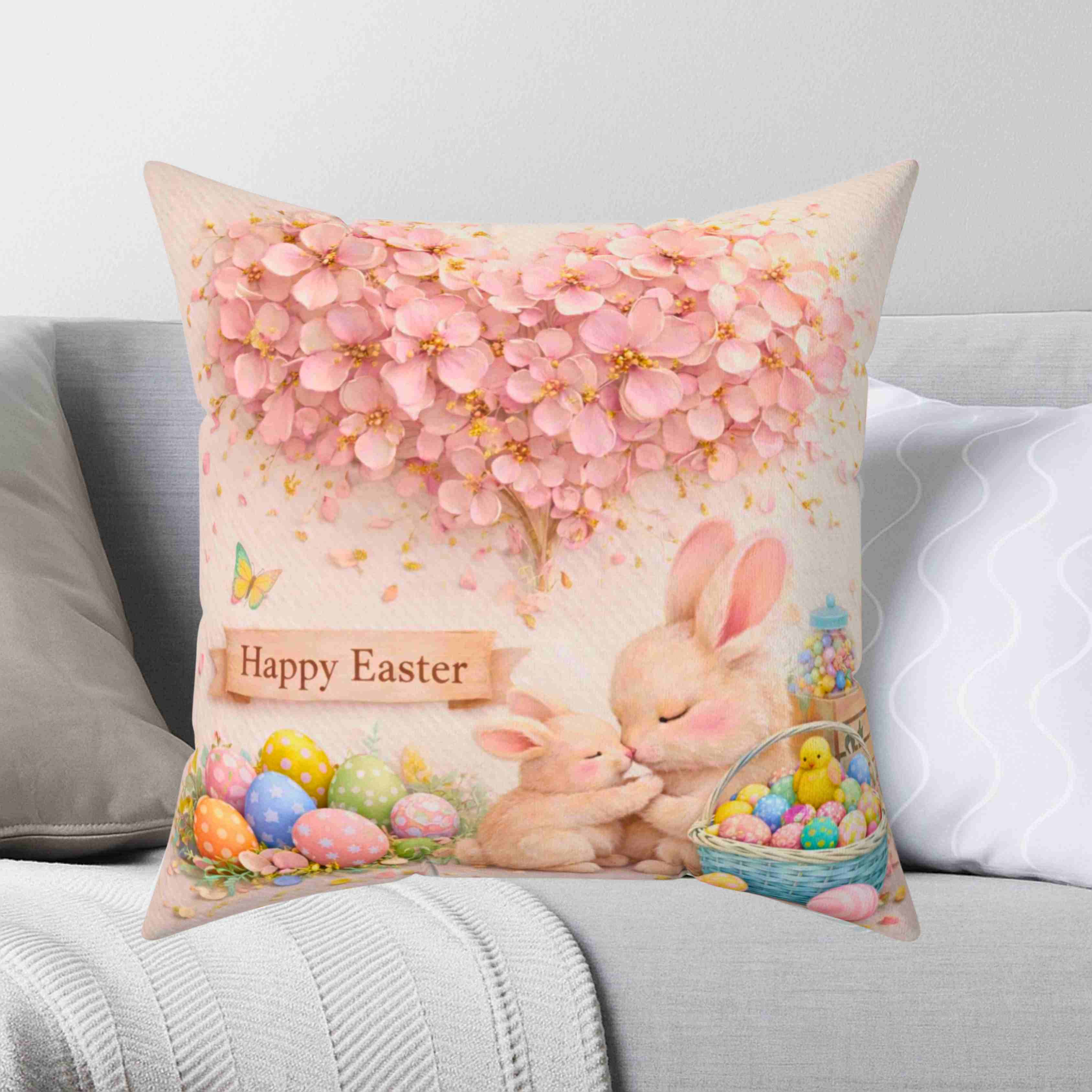 Easter Bunny Pink Floral Cushion — 'Happy Easter' Pastel Floral Decorative Throw Pillow product thumbnail image