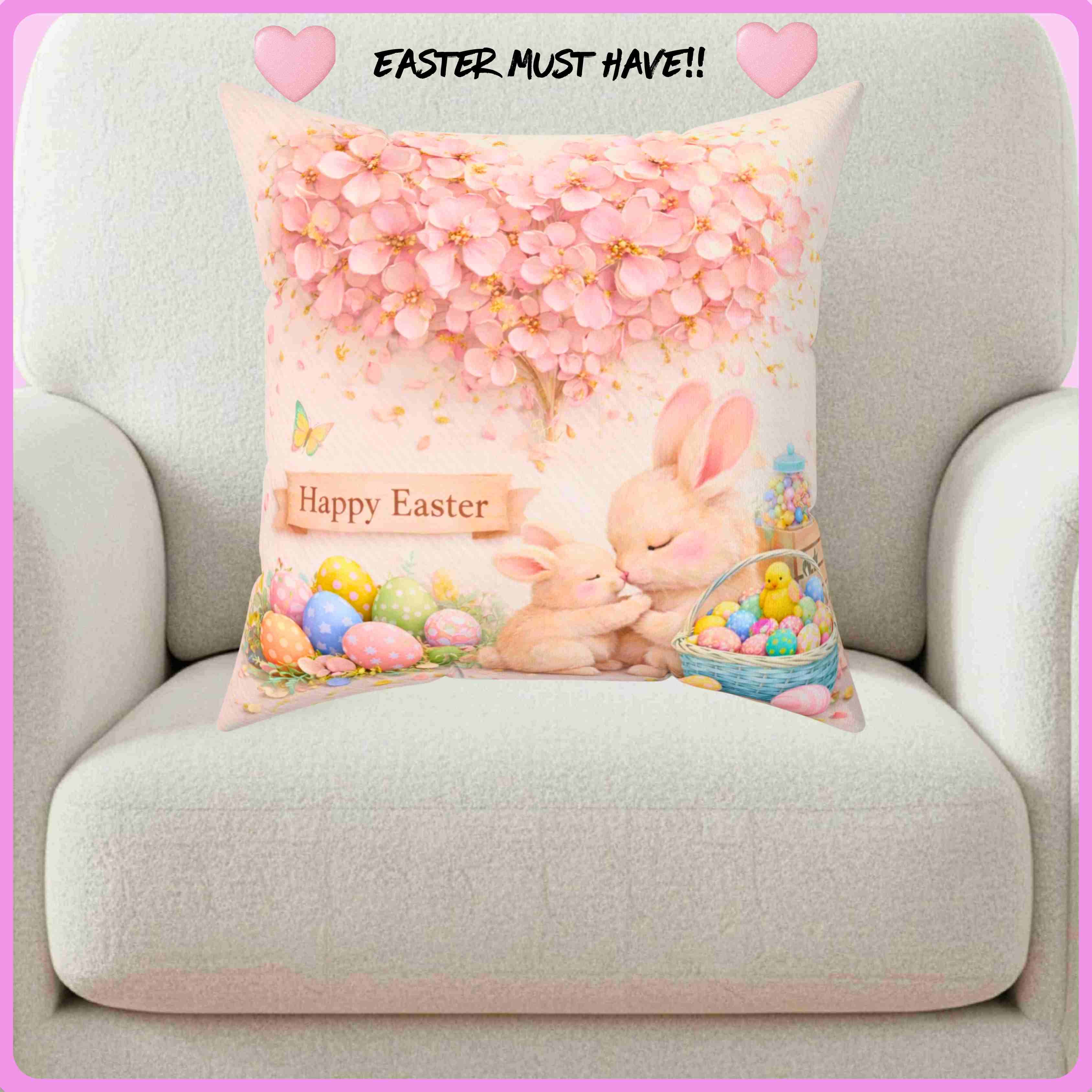 Easter Bunny Pink Floral Cushion — 'Happy Easter' Pastel Floral Decorative Throw Pillow product thumbnail image Easter Bunny Pink Floral Cushion — 'Happy Easter' Pastel Floral Decorative Throw Pillow product thumbnail image