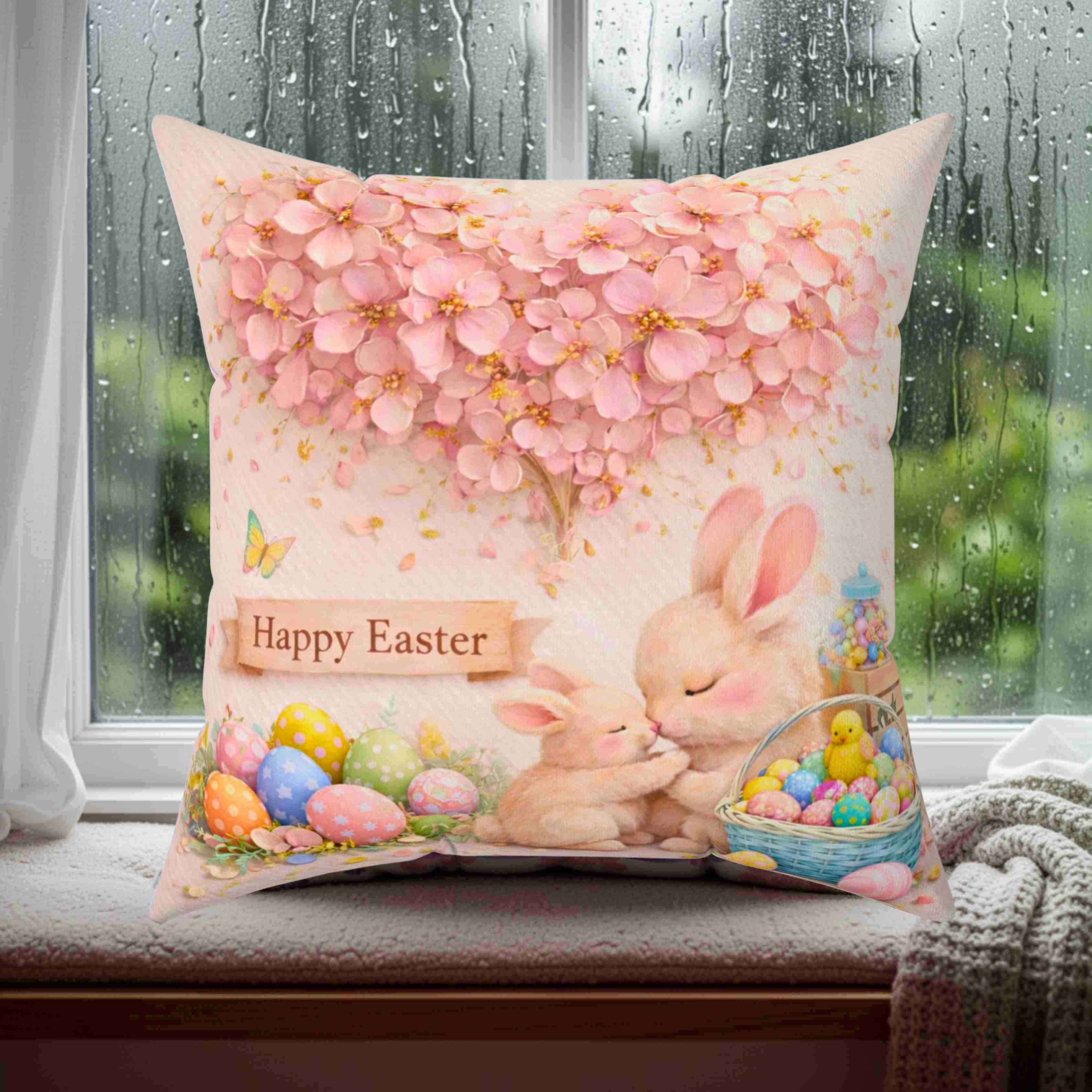 Easter Bunny Pink Floral Cushion — 'Happy Easter' Pastel Floral Decorative Throw Pillow product thumbnail image Easter Bunny Pink Floral Cushion — 'Happy Easter' Pastel Floral Decorative Throw Pillow product thumbnail image