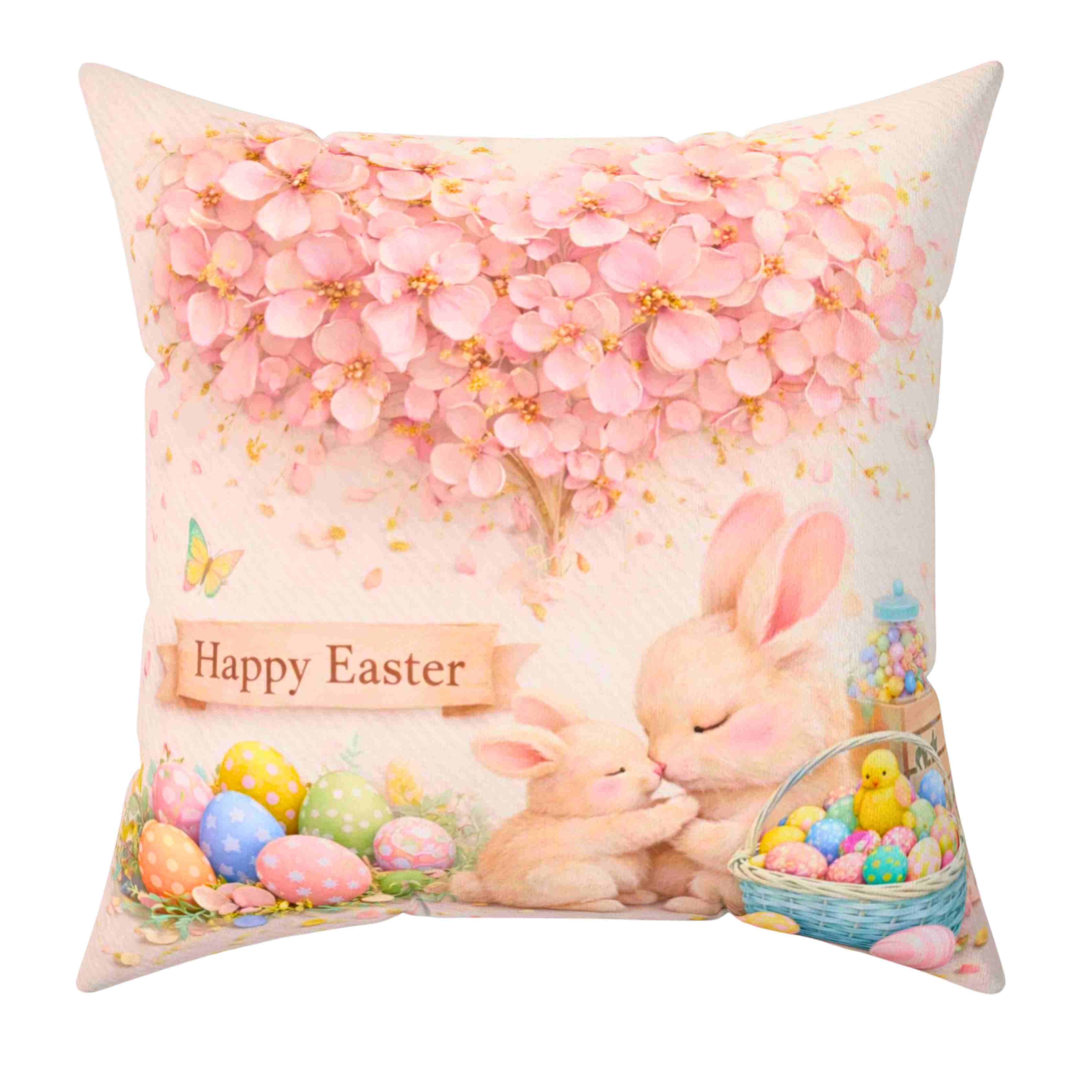 Easter Bunny Pink Floral Cushion — 'Happy Easter' Pastel Floral Decorative Throw Pillow product thumbnail image