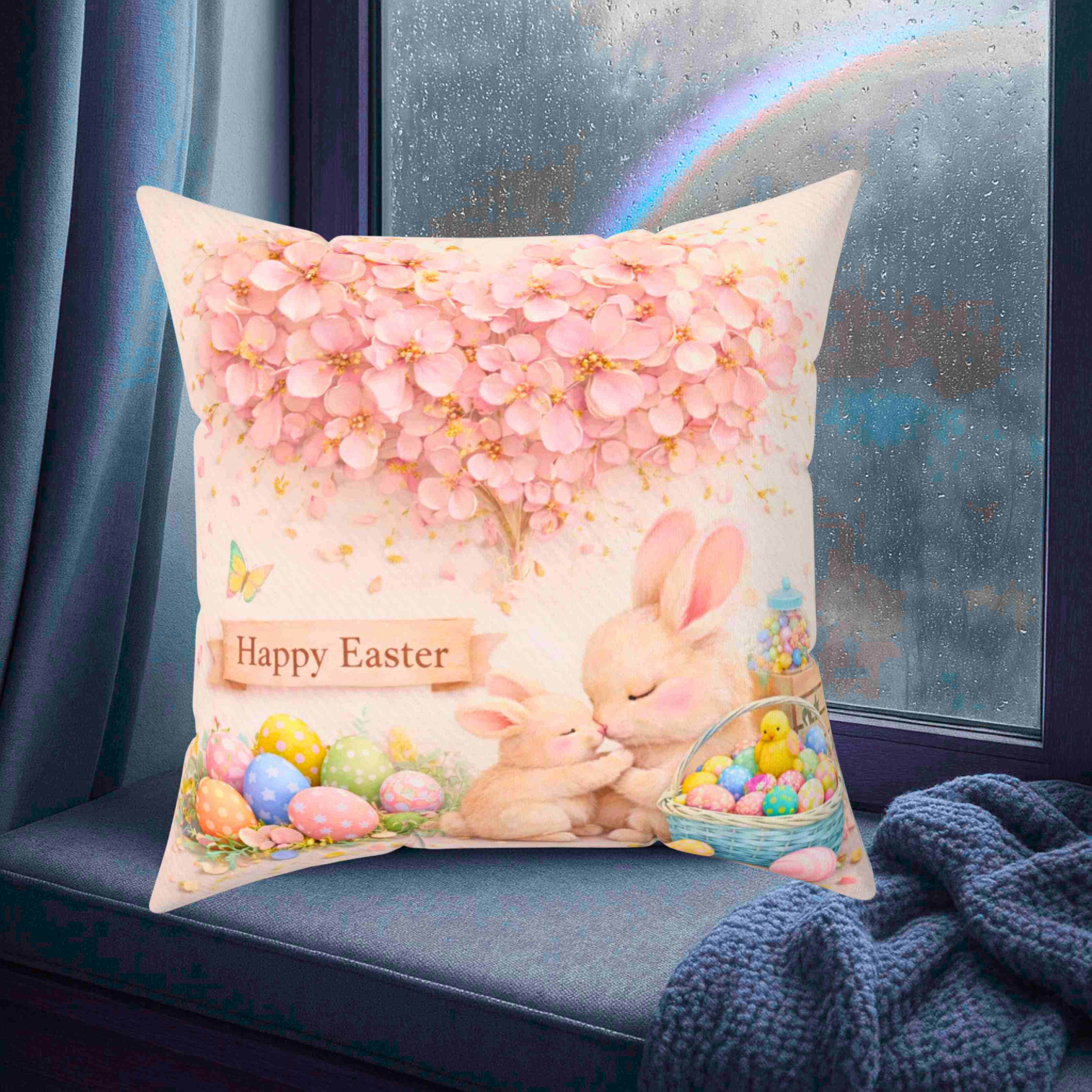 Easter Bunny Pink Floral Cushion — 'Happy Easter' Pastel Floral Decorative Throw Pillow product thumbnail image