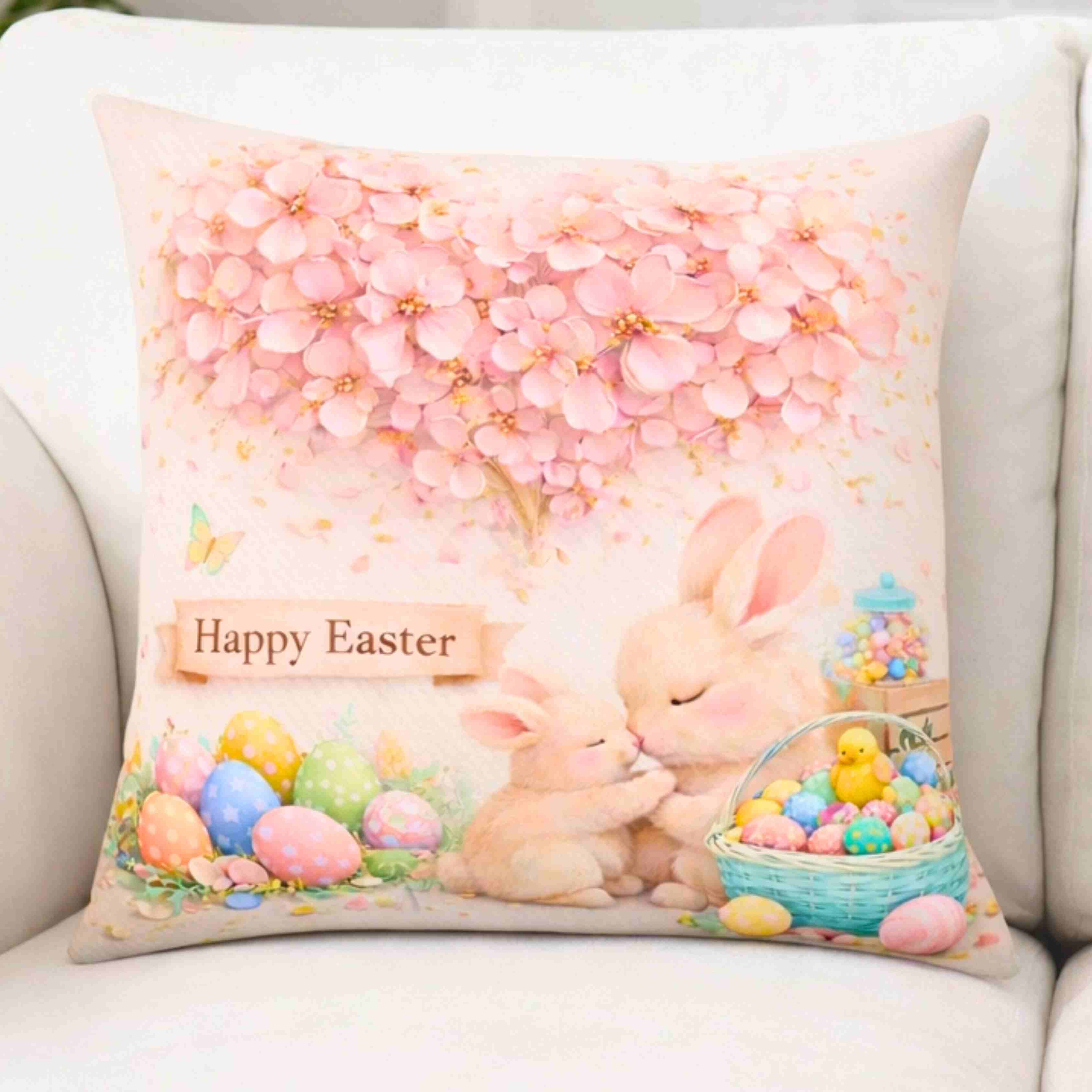 Easter Bunny Pink Floral Cushion — 'Happy Easter' Pastel Floral Decorative Throw Pillow product thumbnail image