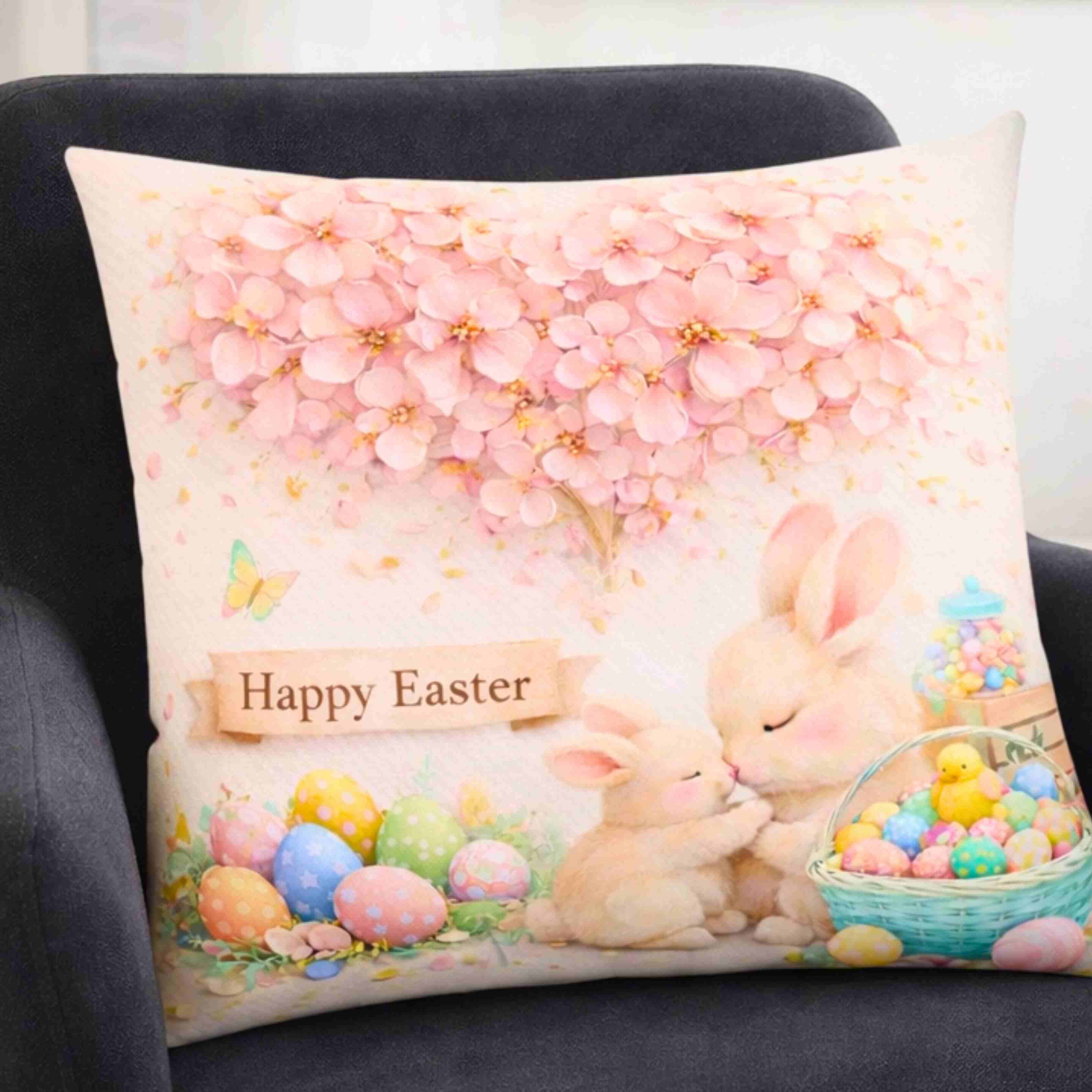 Easter Bunny Pink Floral Cushion — 'Happy Easter' Pastel Floral Decorative Throw Pillow product thumbnail image
