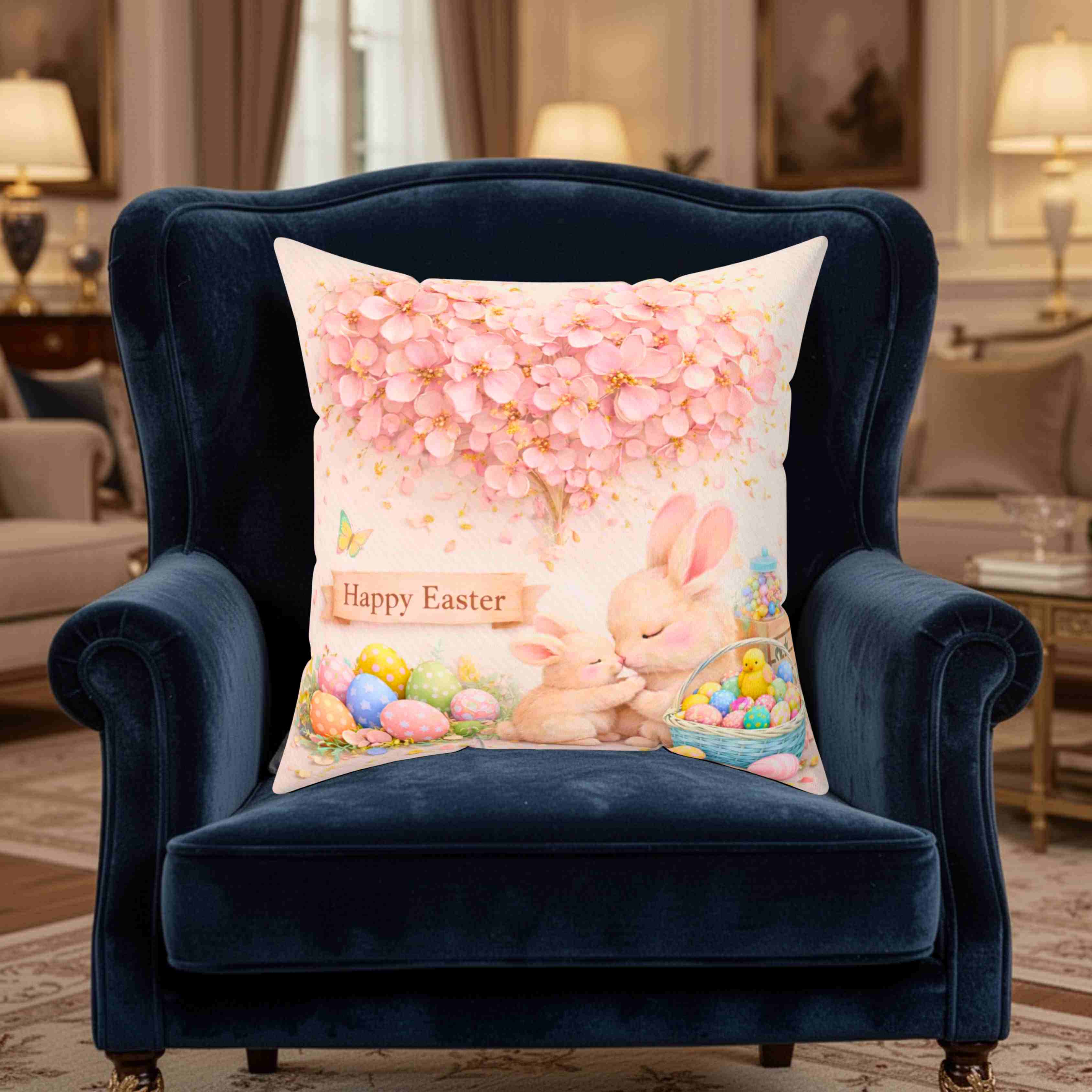 Easter Bunny Pink Floral Cushion — 'Happy Easter' Pastel Floral Decorative Throw Pillow product thumbnail image Easter Bunny Pink Floral Cushion — 'Happy Easter' Pastel Floral Decorative Throw Pillow product thumbnail image