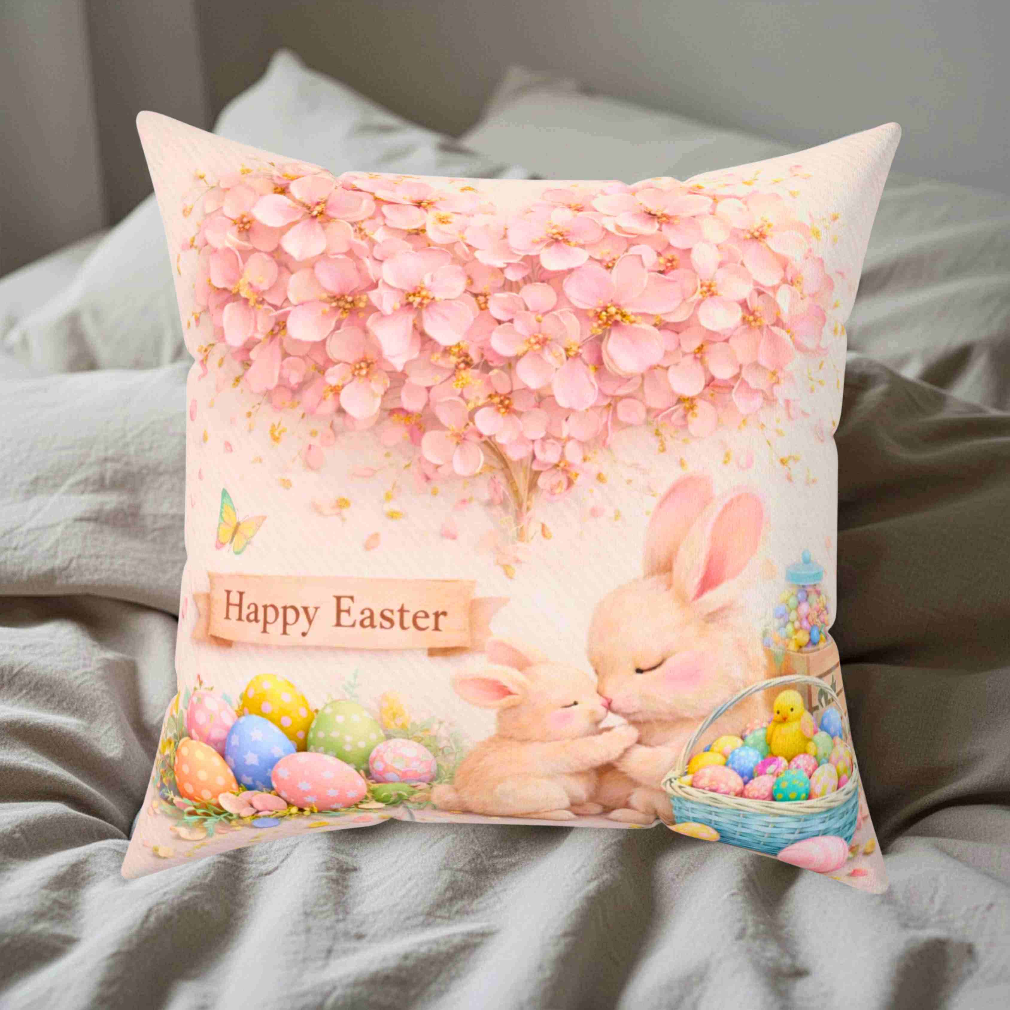 Easter Bunny Pink Floral Cushion — 'Happy Easter' Pastel Floral Decorative Throw Pillow product thumbnail image Easter Bunny Pink Floral Cushion — 'Happy Easter' Pastel Floral Decorative Throw Pillow product thumbnail image