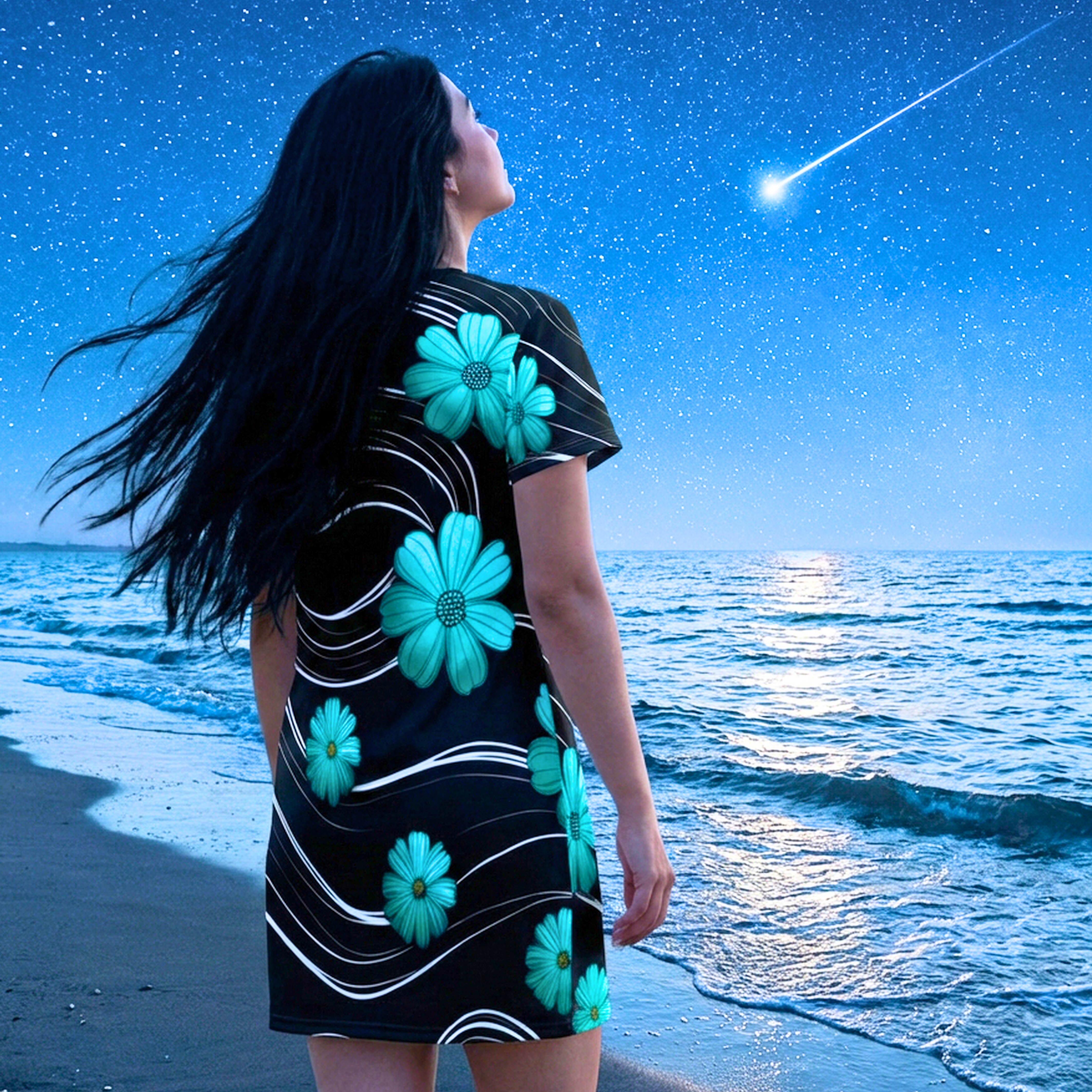 Floral Swirl T-Shirt Dress — Teal Daisy All-Over Print product thumbnail image