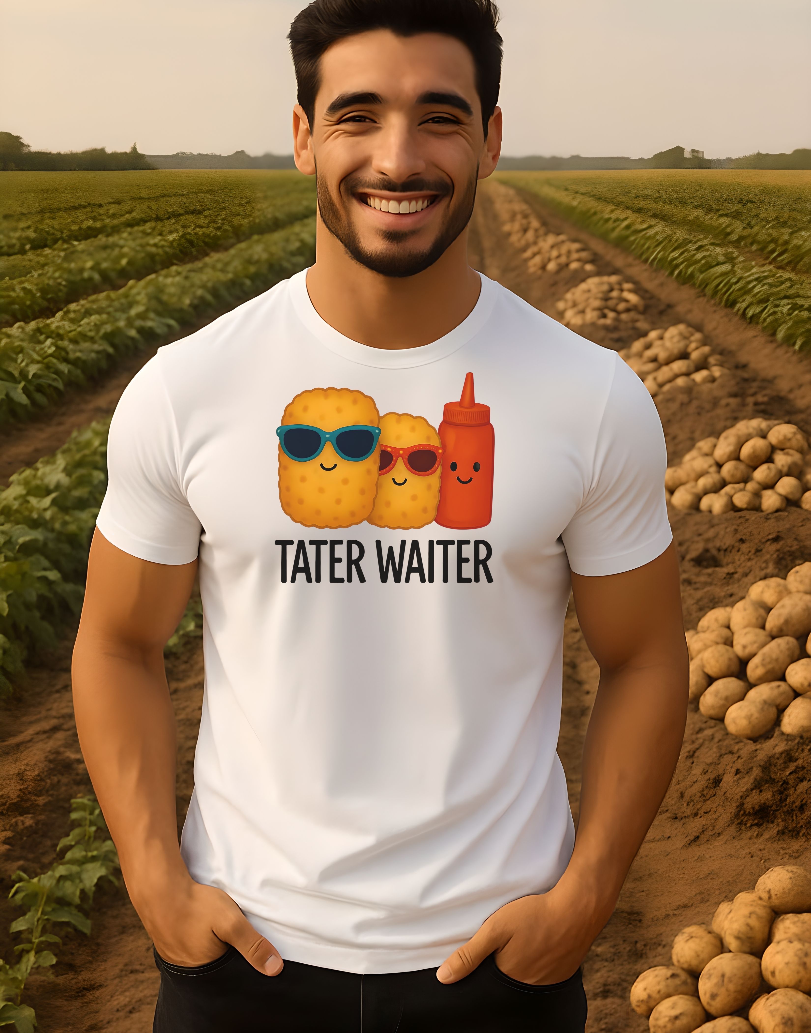 Tater Waiter cartoon fries and ketchup T-shirt | funny food pun tee product thumbnail image Tater Waiter cartoon fries and ketchup T-shirt | funny food pun tee product thumbnail image
