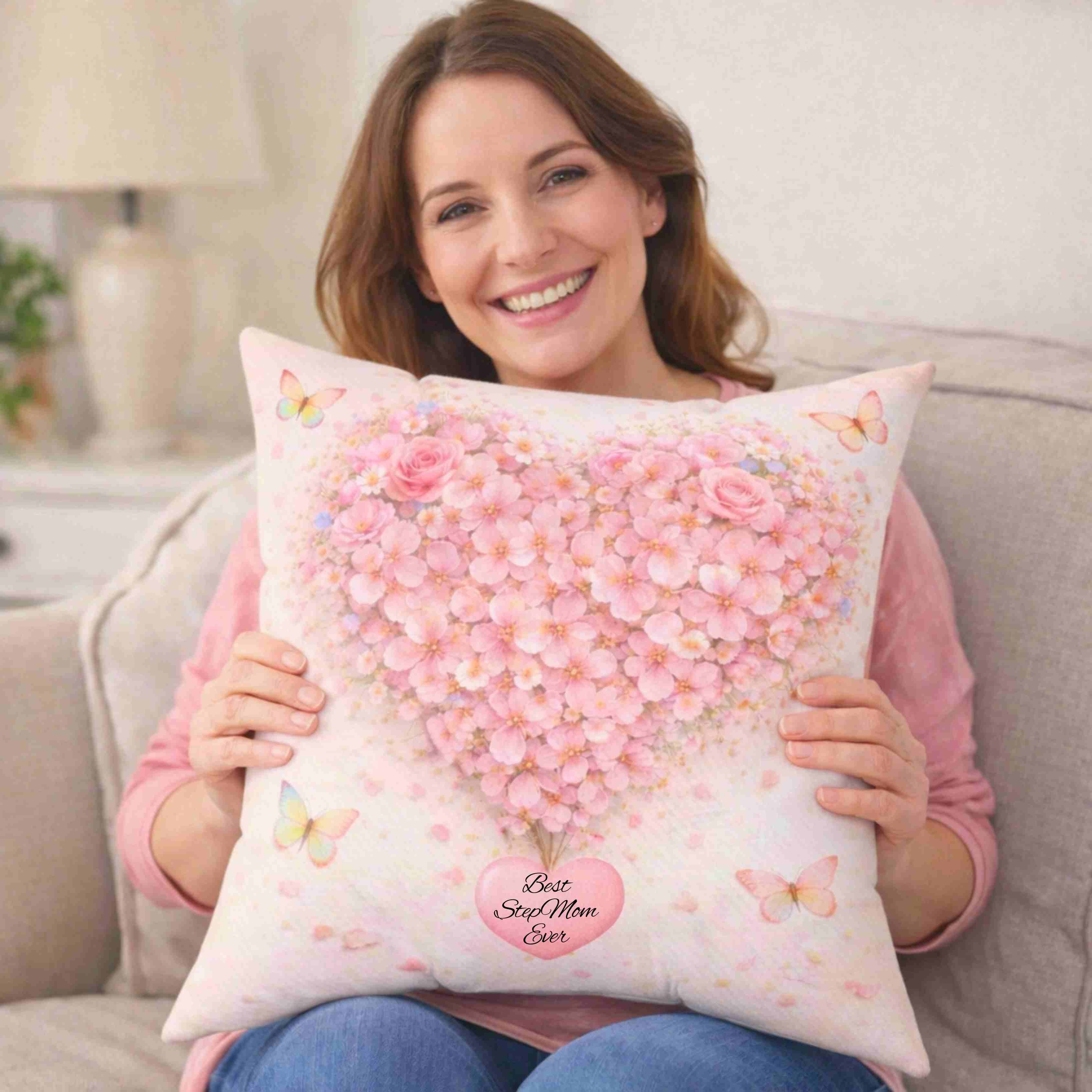 Floral Heart Cushion - Pink Blossom Decorative Throw Pillow for Holidays and Home Decor product thumbnail image
