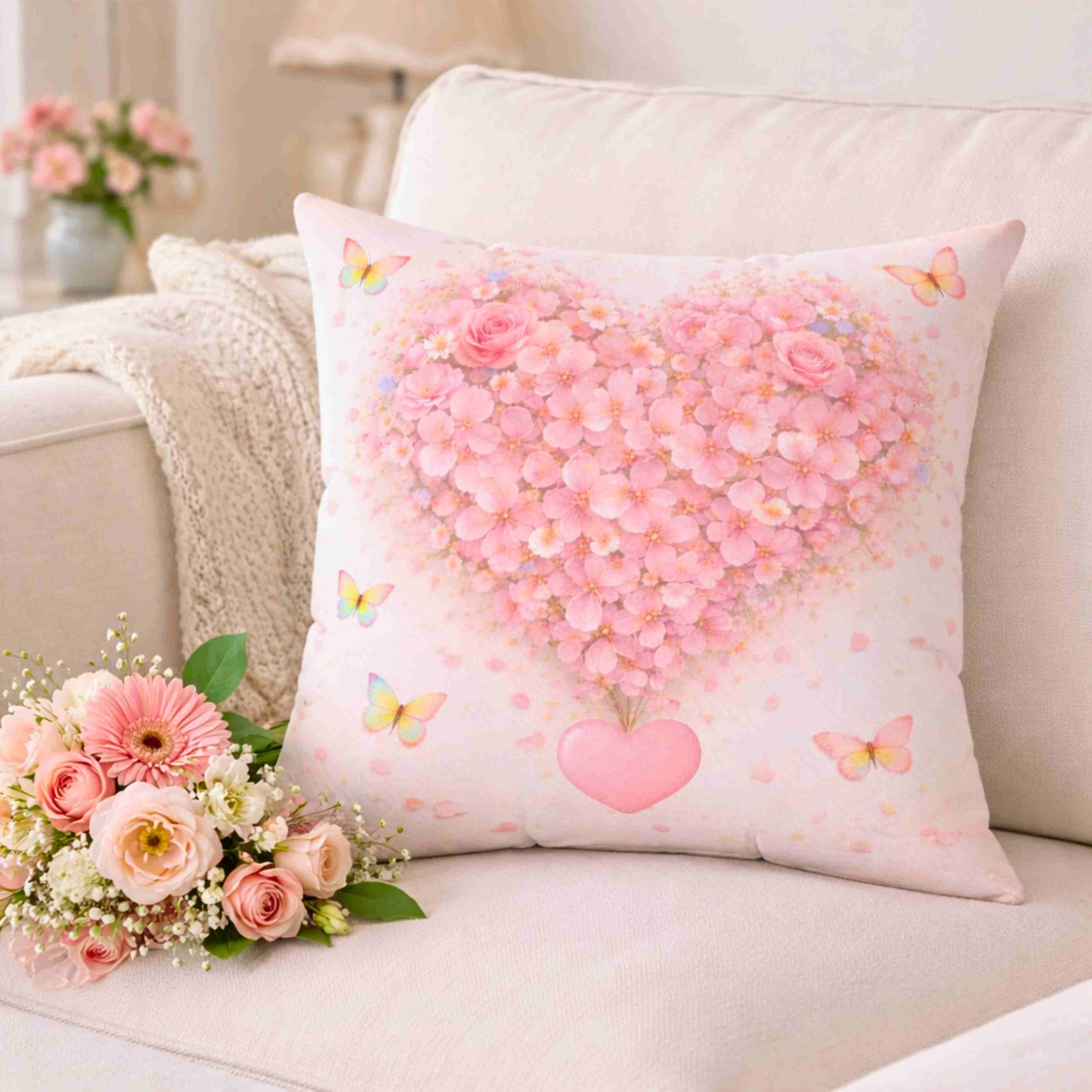 Floral Heart Cushion - Pink Blossom Decorative Throw Pillow for Holidays and Home Decor product thumbnail image