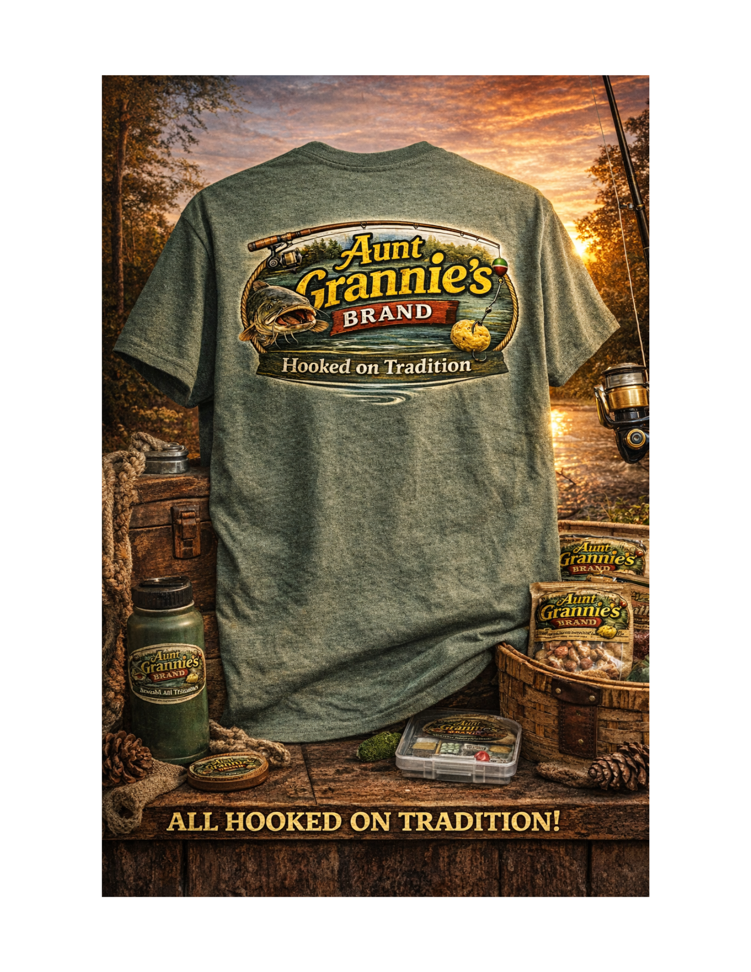 Aunt Grannie's Brand: Hooked on Tradition" Fishing Logo Tee