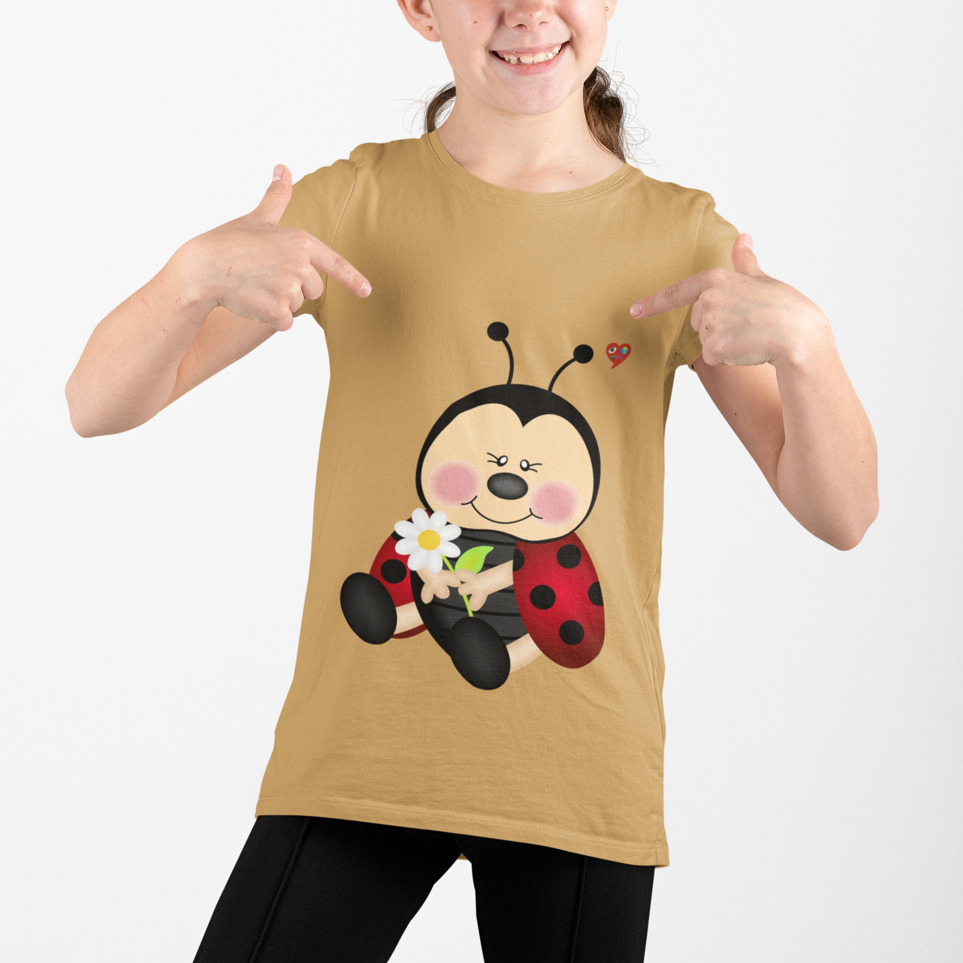 Kids T‑Shirt — Cute Baby Ladybug Holding Flowers Kids Tee product thumbnail image