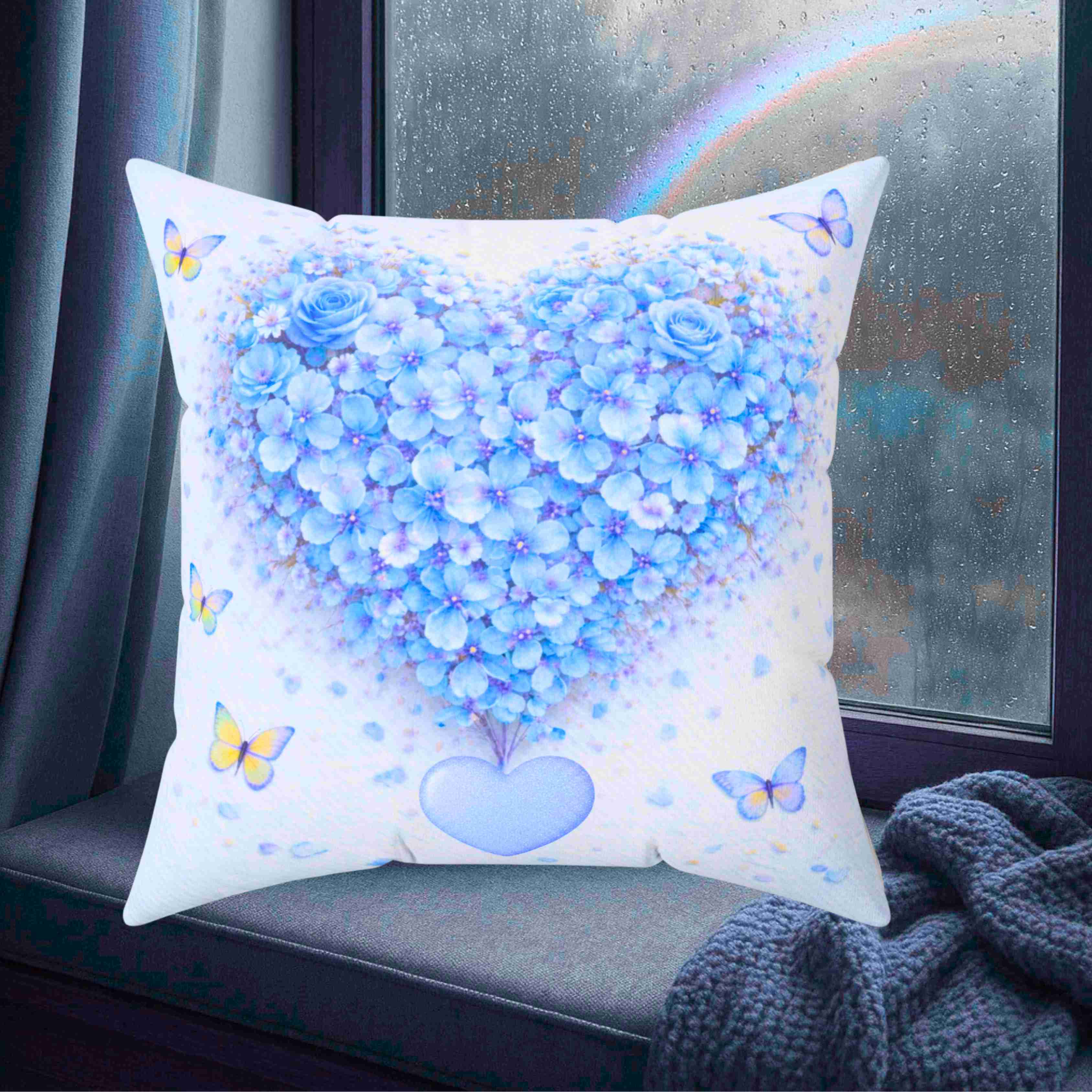 Blue Floral Couch Cushion | Spun Polyester Square Pillow