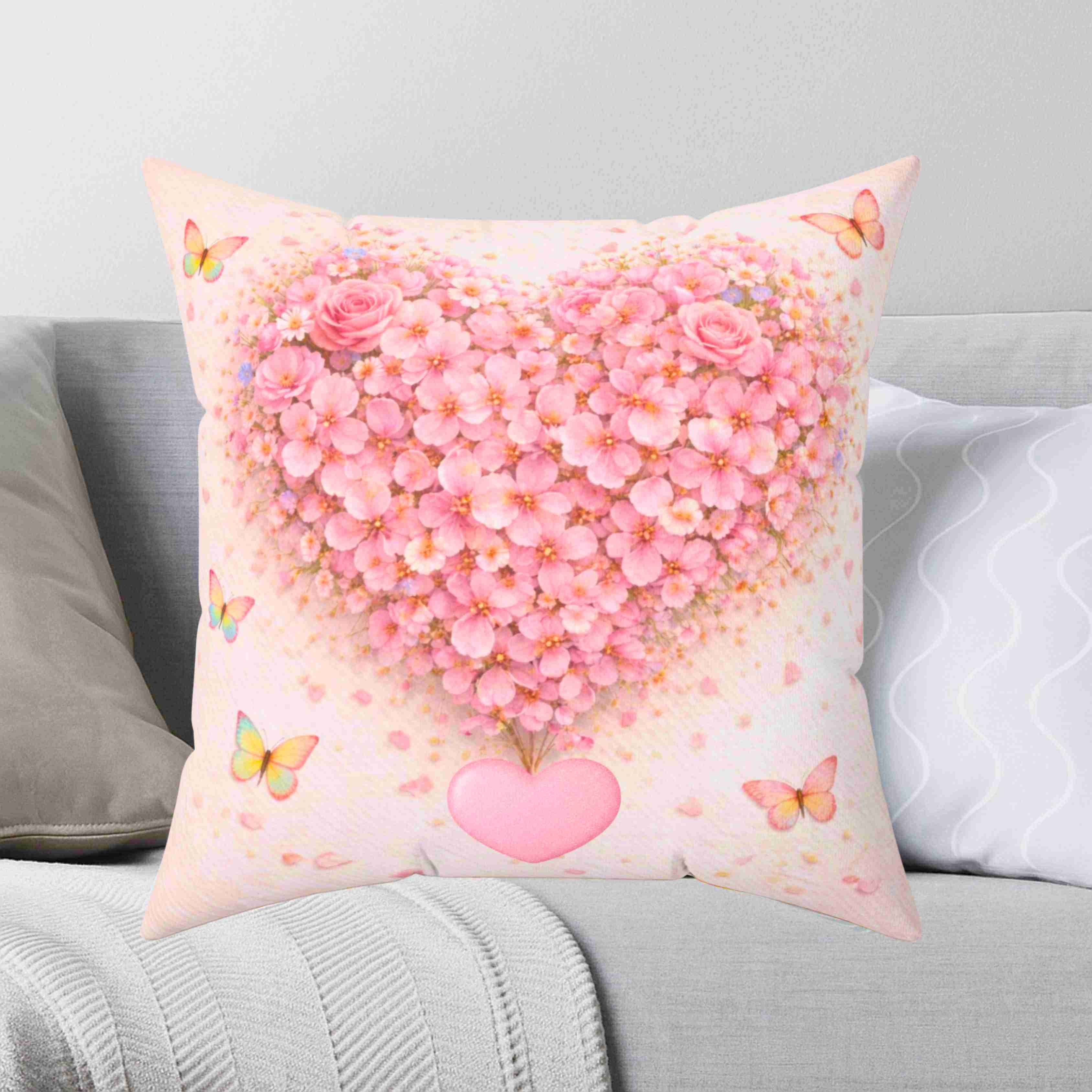 Floral Heart Cushion - Pink Blossom Decorative Throw Pillow for Holidays and Home Decor product thumbnail image