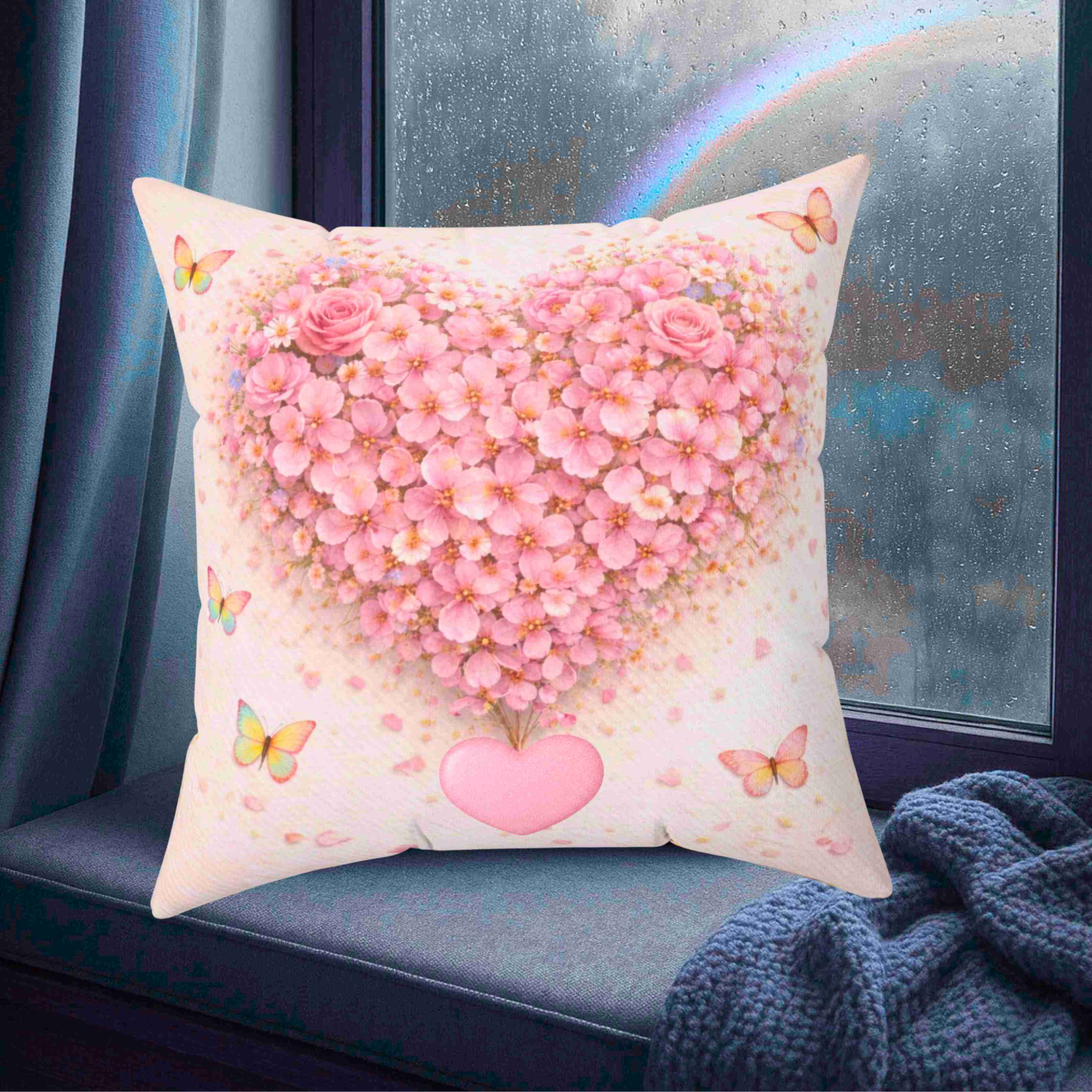 Floral Heart Cushion - Pink Blossom Decorative Throw Pillow for Holidays and Home Decor product thumbnail image