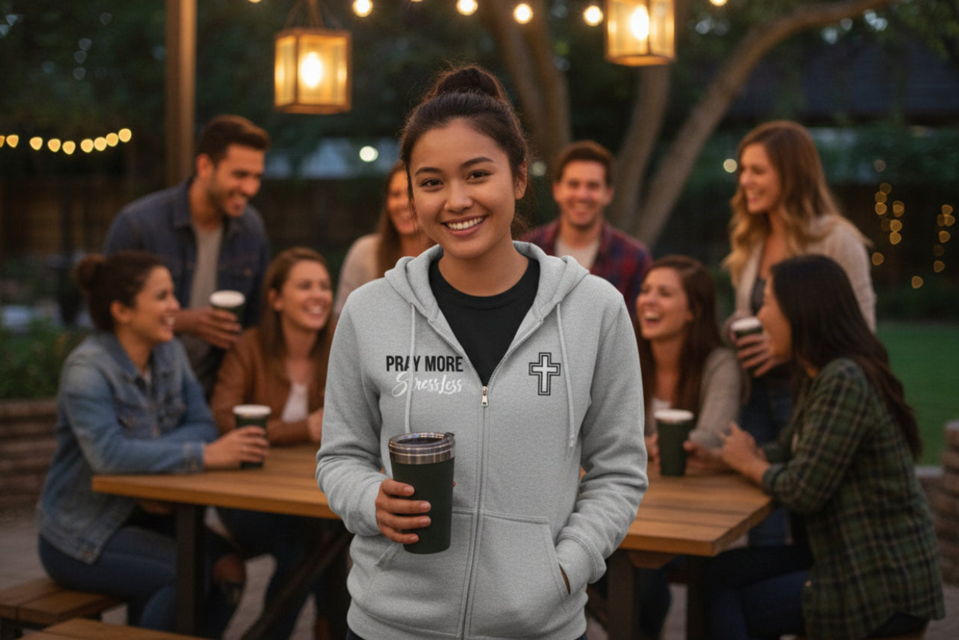 Pray More, Stress Less Zip-Up Hoodie — Christian Cross Full-Zip Sweatshirt