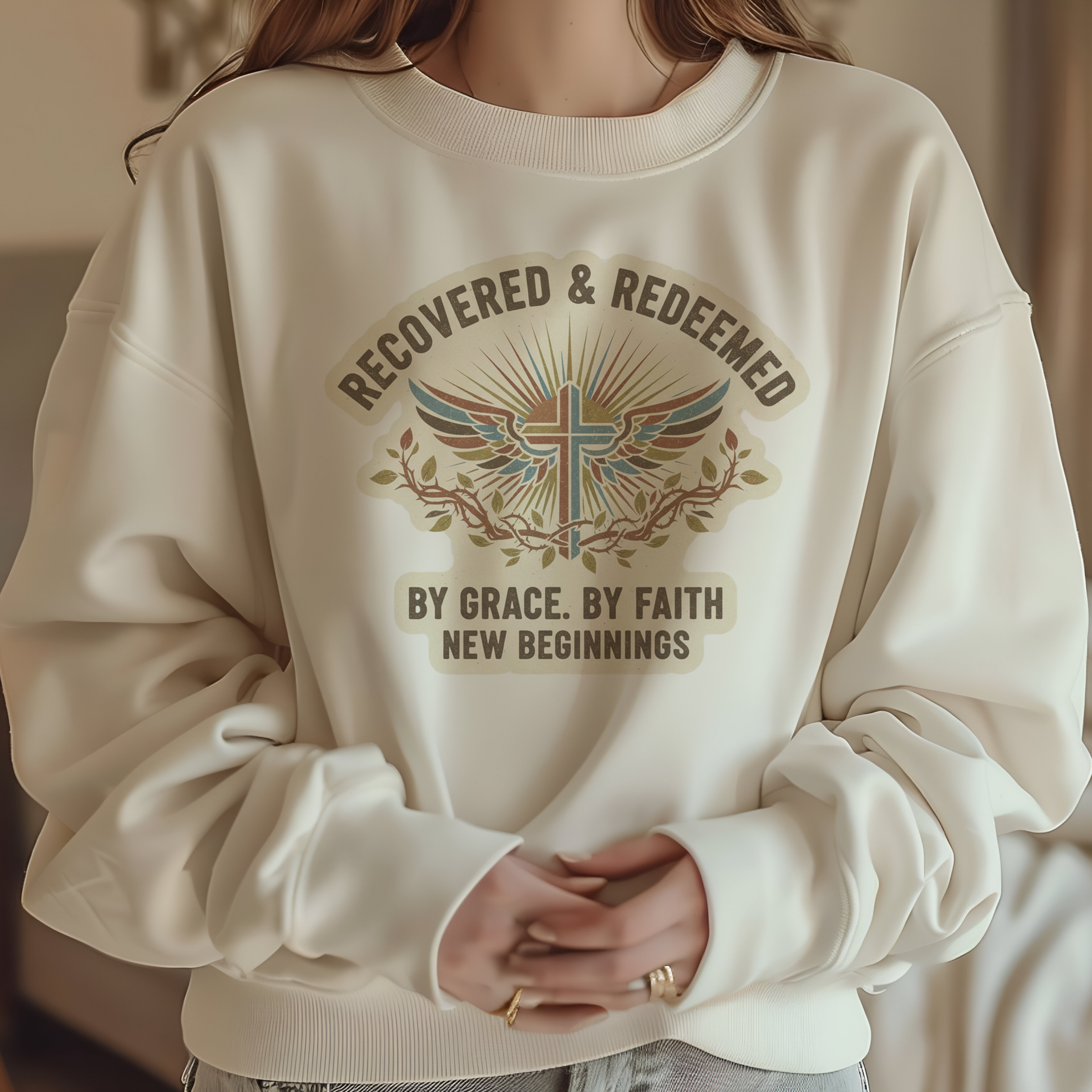 Recovered &amp; Redeemed Crewneck Sweatshirt — By Grace, By Faith Christian Pullover