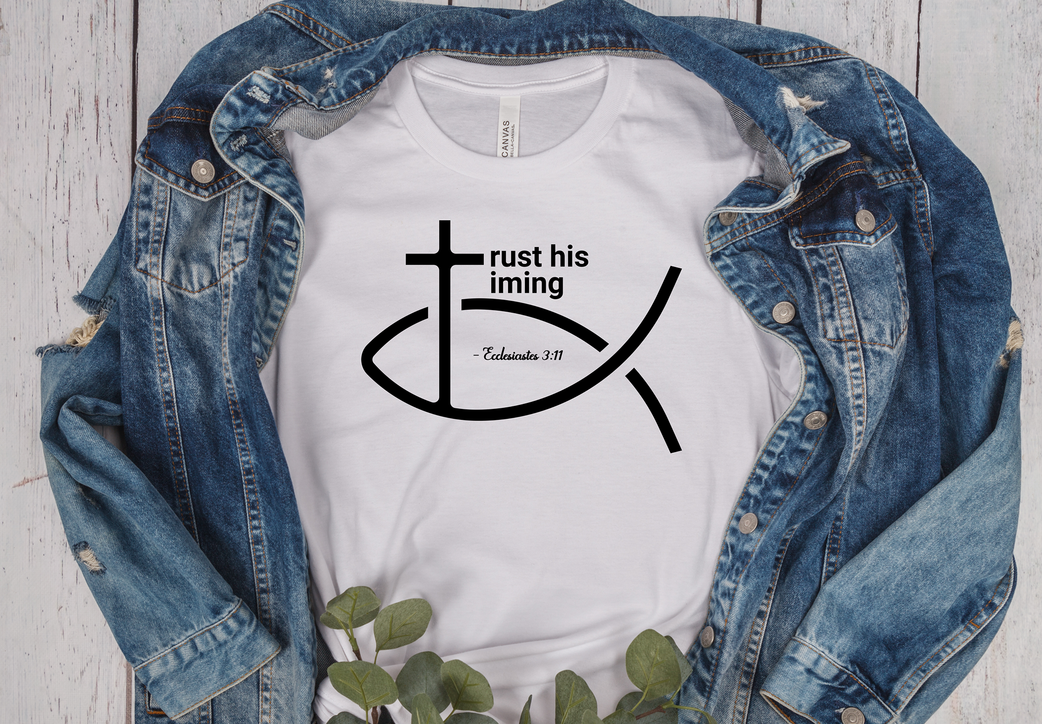 Christian Fish T-Shirt — “Trust His Timing” Scripture Tee (Titus 2:11) product thumbnail image