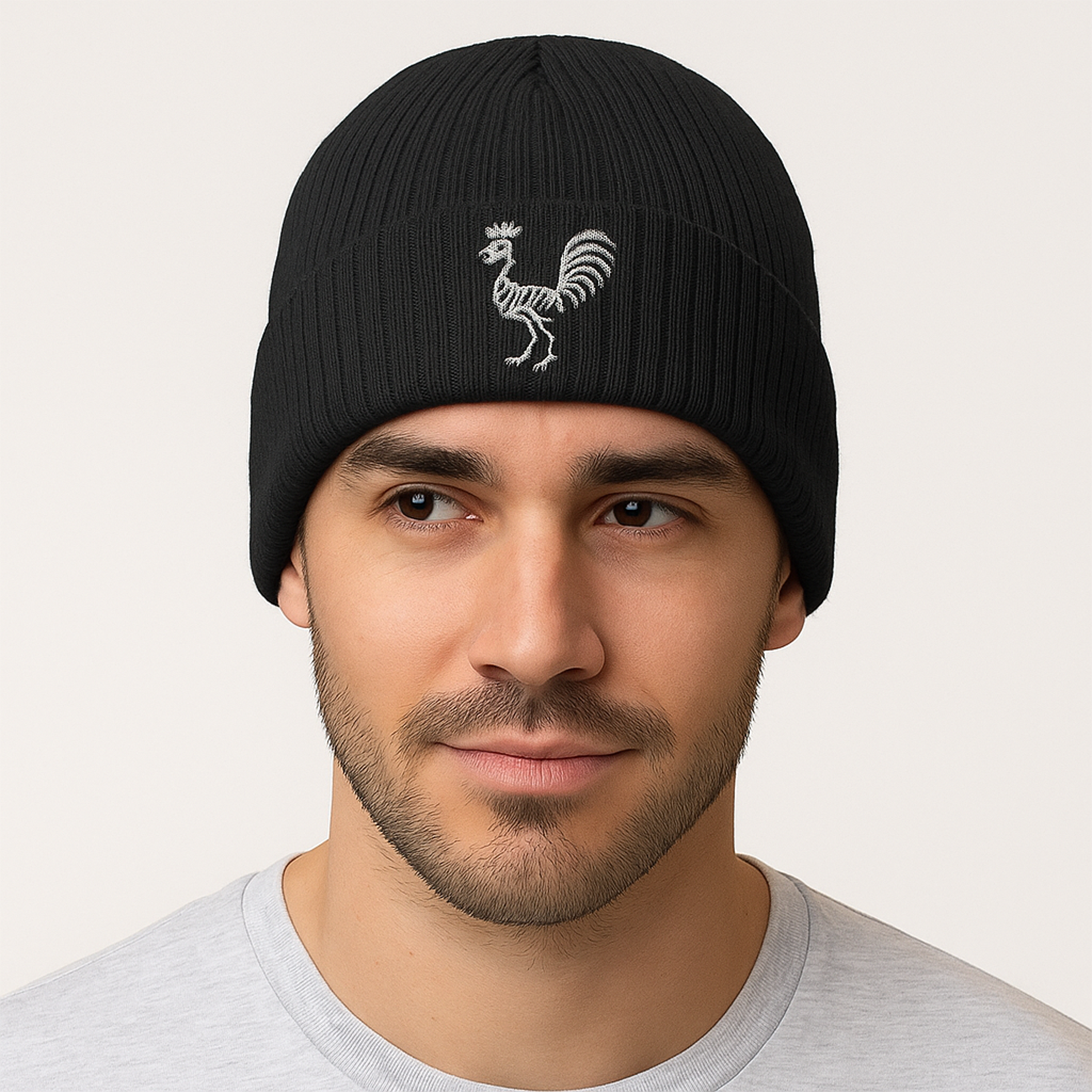 Embroidered Rooster Skeleton Ribbed Knit Beanie product thumbnail image Embroidered Rooster Skeleton Ribbed Knit Beanie product thumbnail image