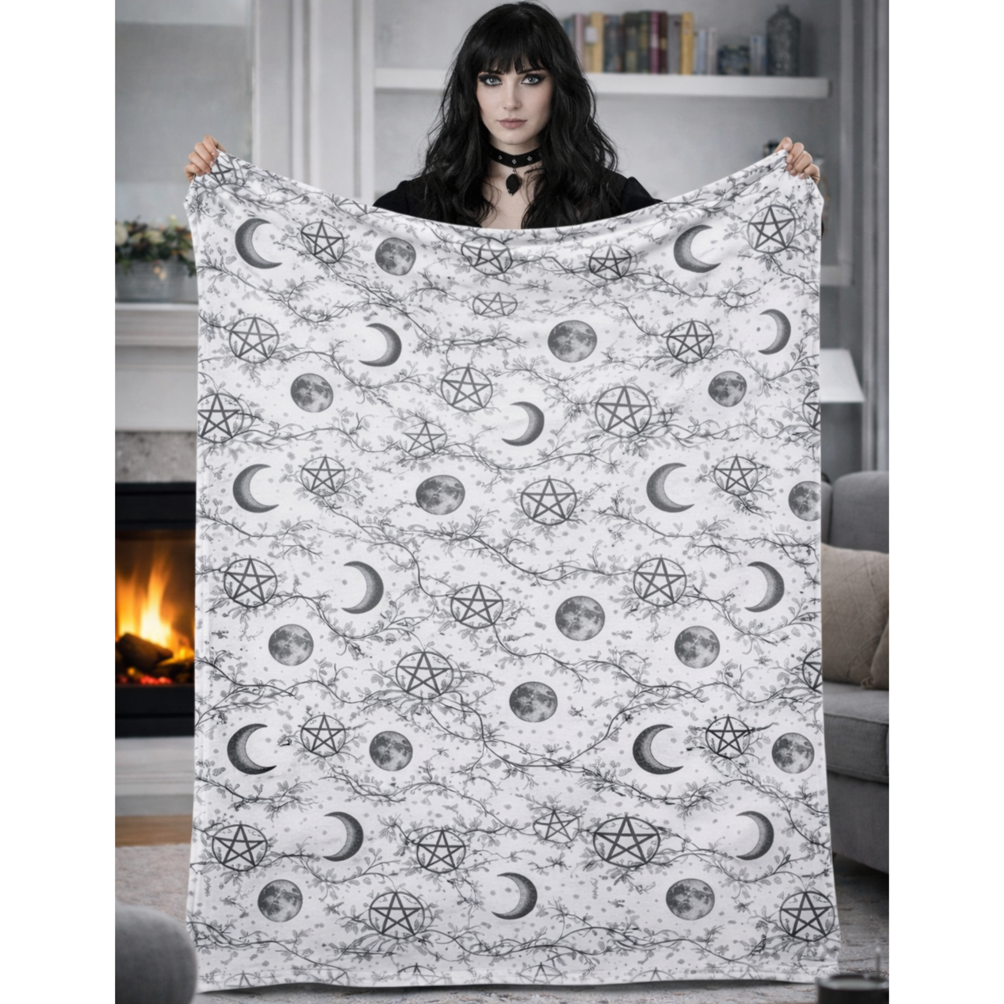 Witch Moon Pentagram Velveteen Blanket, Crescent Moon Pagan Blanket, Cozy Witch Home Decor product thumbnail image