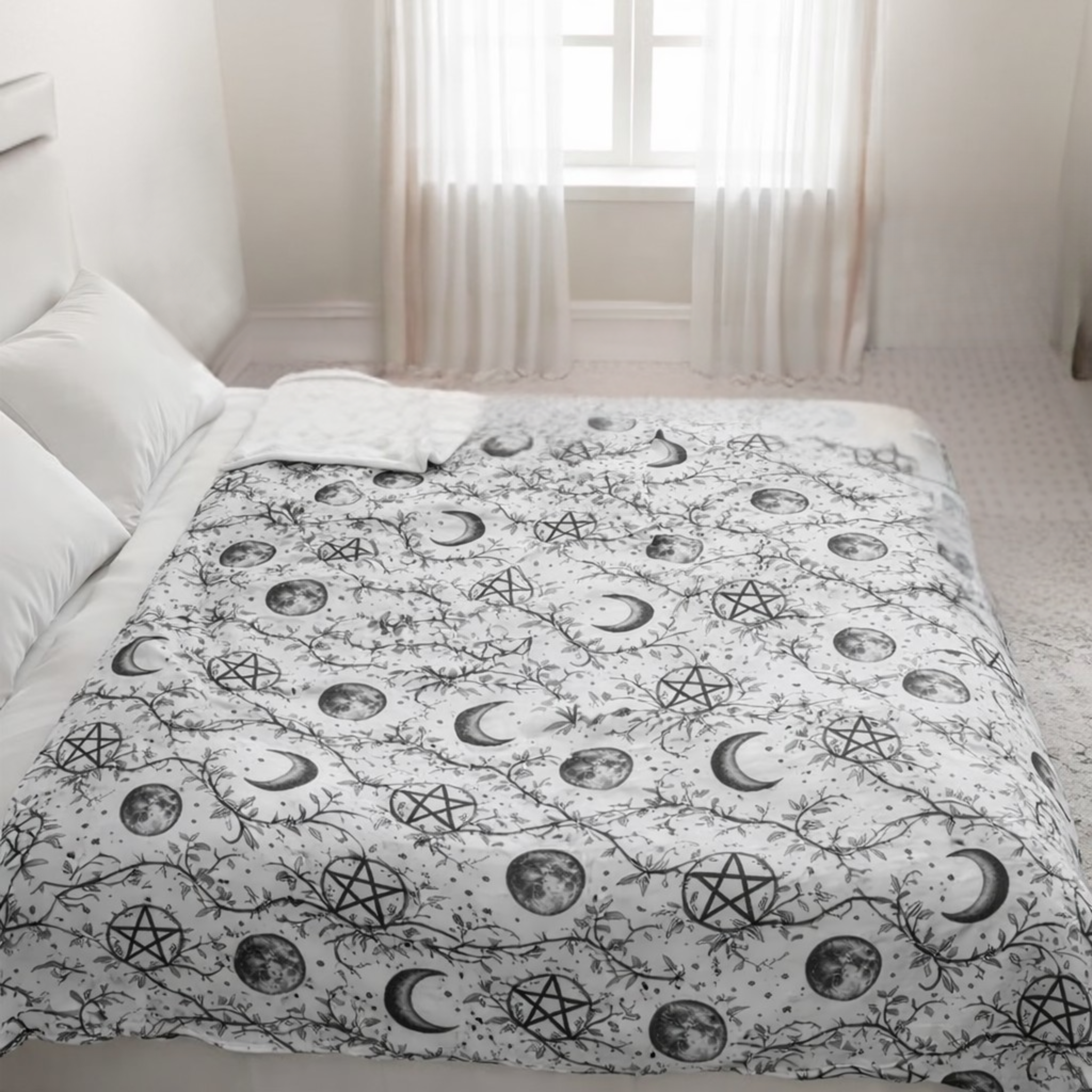 Witch Moon Pentagram Velveteen Blanket, Crescent Moon Pagan Blanket, Cozy Witch Home Decor product thumbnail image Witch Moon Pentagram Velveteen Blanket, Crescent Moon Pagan Blanket, Cozy Witch Home Decor product thumbnail image