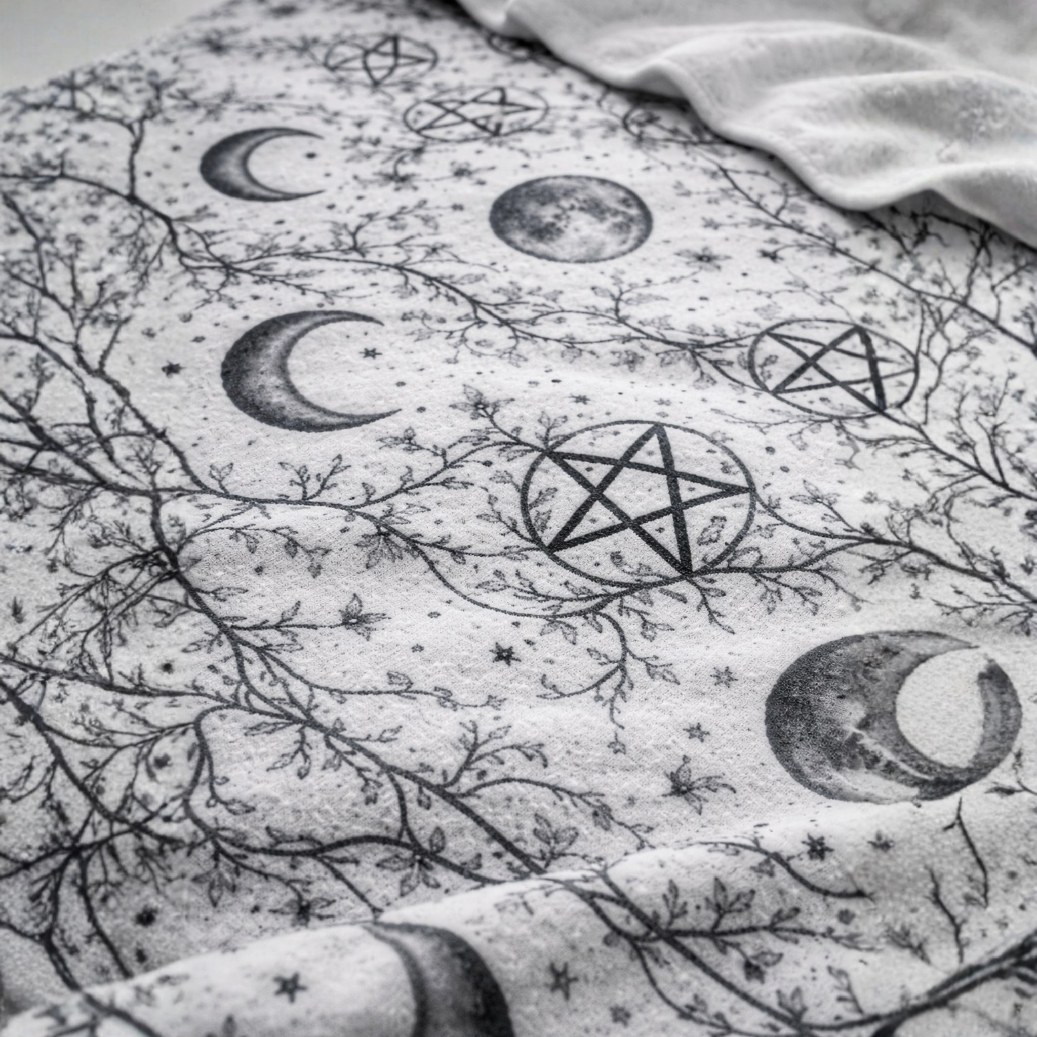 Witch Moon Pentagram Velveteen Blanket, Crescent Moon Pagan Blanket, Cozy Witch Home Decor product thumbnail image Witch Moon Pentagram Velveteen Blanket, Crescent Moon Pagan Blanket, Cozy Witch Home Decor product thumbnail image