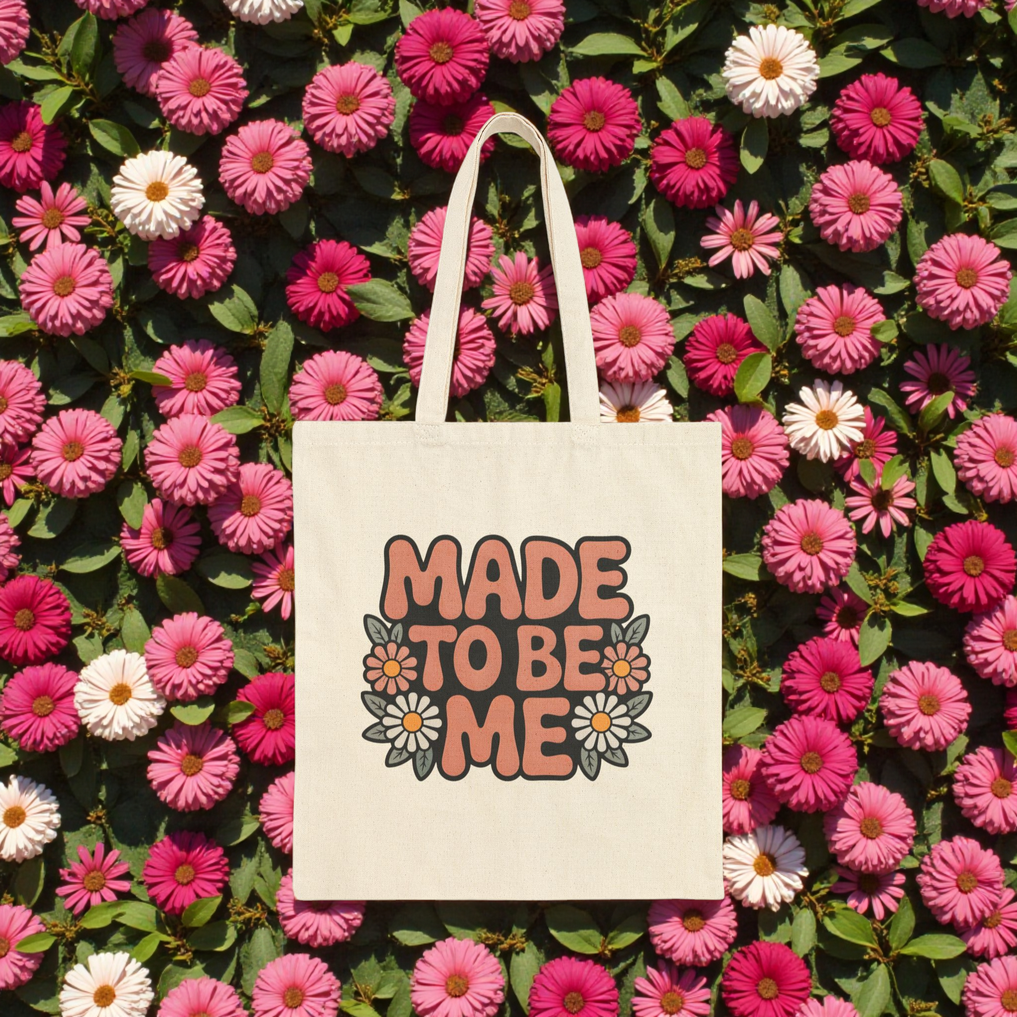 Made To Be Me Cotton Tote — Retro Floral Self-Love Canvas Bag product thumbnail image Made To Be Me Cotton Tote — Retro Floral Self-Love Canvas Bag product thumbnail image
