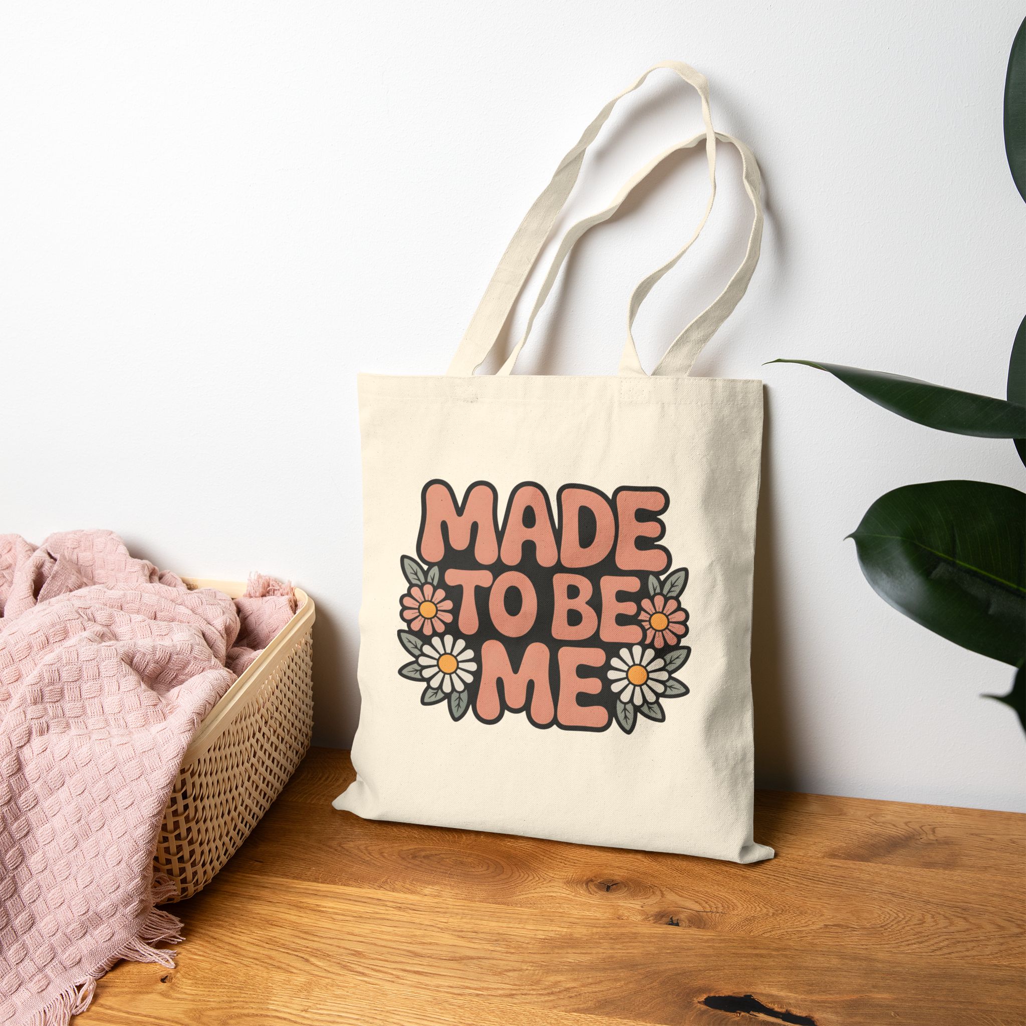 Made To Be Me Cotton Tote — Retro Floral Self-Love Canvas Bag product thumbnail image Made To Be Me Cotton Tote — Retro Floral Self-Love Canvas Bag product thumbnail image
