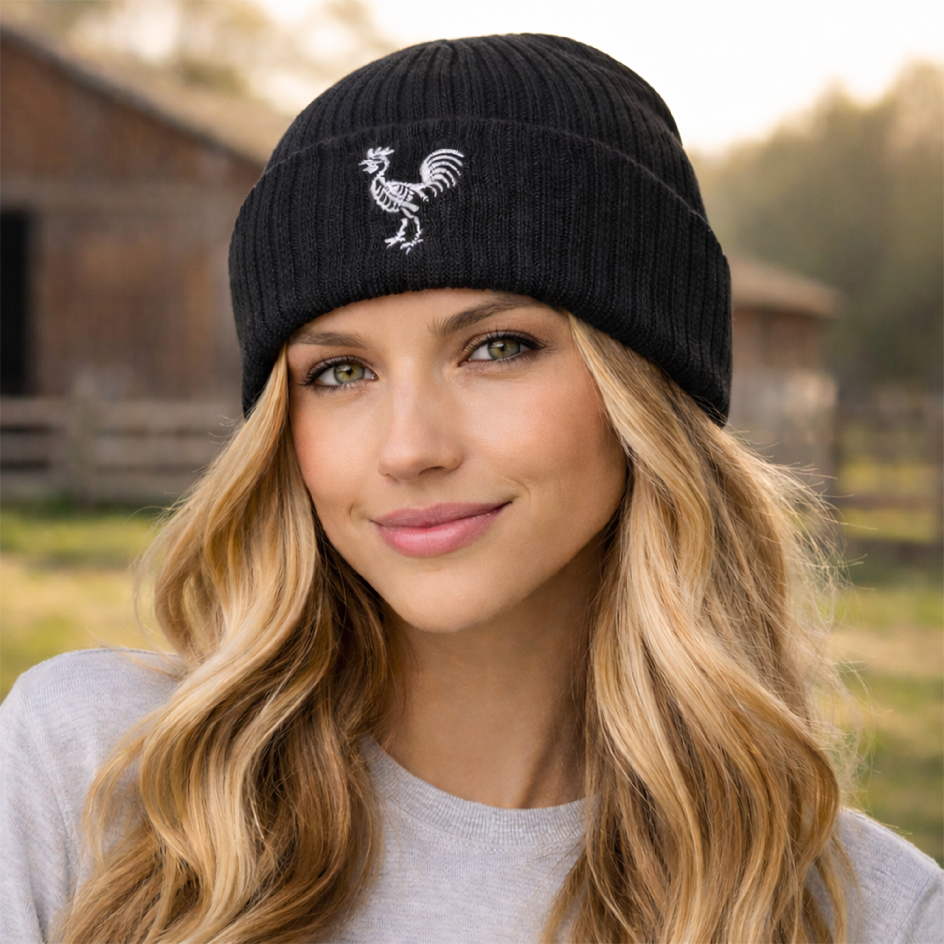 Embroidered Rooster Skeleton Ribbed Knit Beanie  product thumbnail image