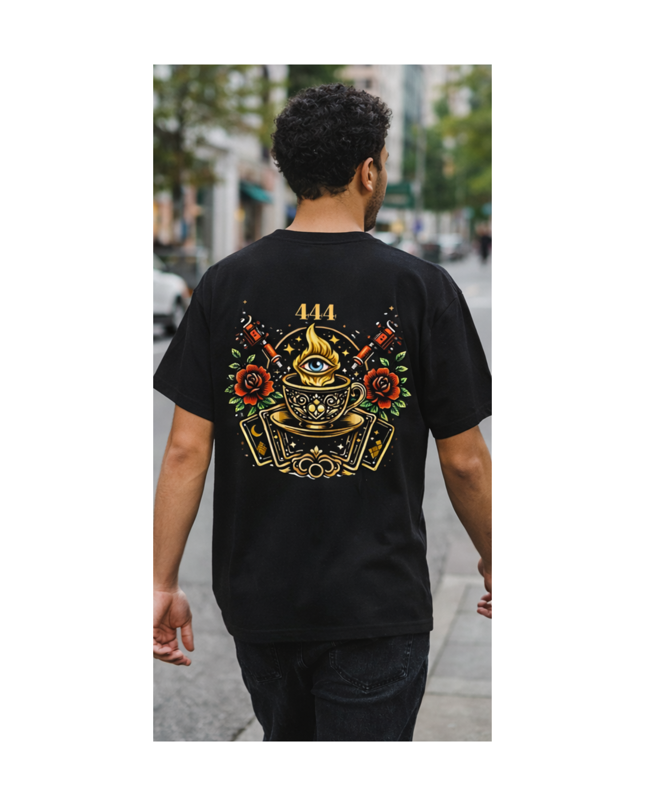 444 Angel Number Tattoo Flash Graphic Tee— Witchy Tarot Shirt, Mystic Back Print Streetwear, Vintage Style Tee product thumbnail image