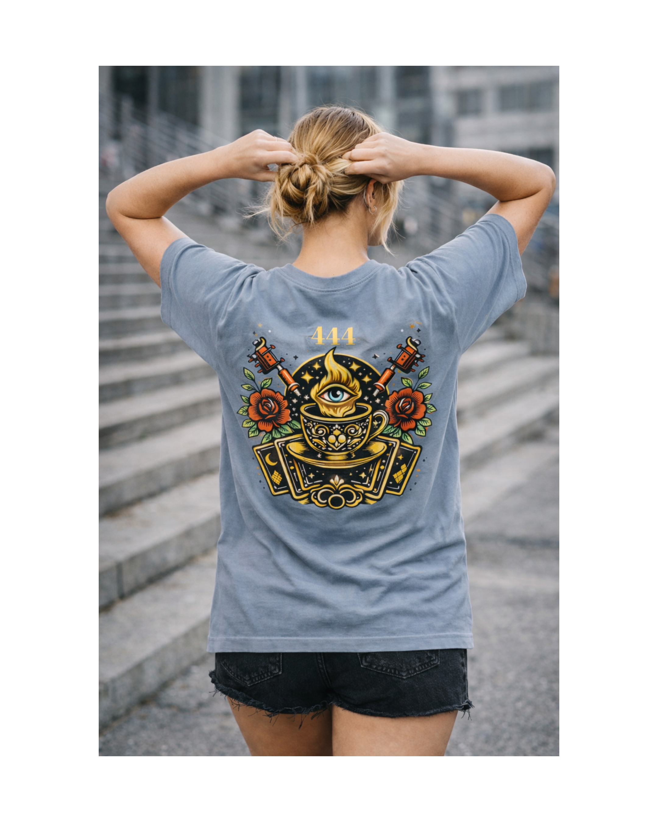 444 Angel Number Tattoo Flash Graphic Tee— Witchy Tarot Shirt, Mystic Back Print Streetwear, Vintage Style Tee product thumbnail image