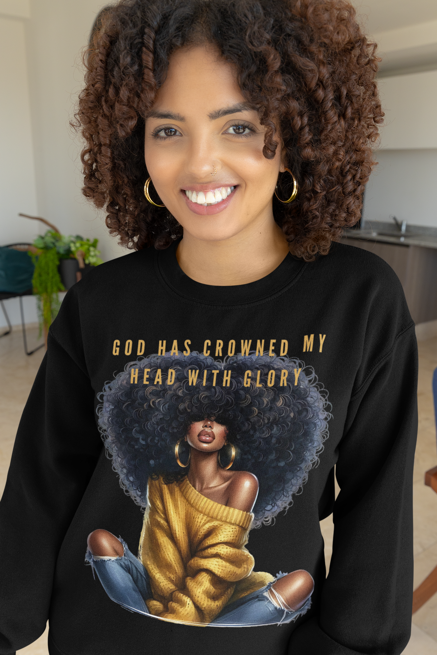 Crewneck Sweatshirt — "God Has Crowned My Head With Glory" Afrocentric Illustration product thumbnail image Crewneck Sweatshirt — "God Has Crowned My Head With Glory" Afrocentric Illustration product thumbnail image