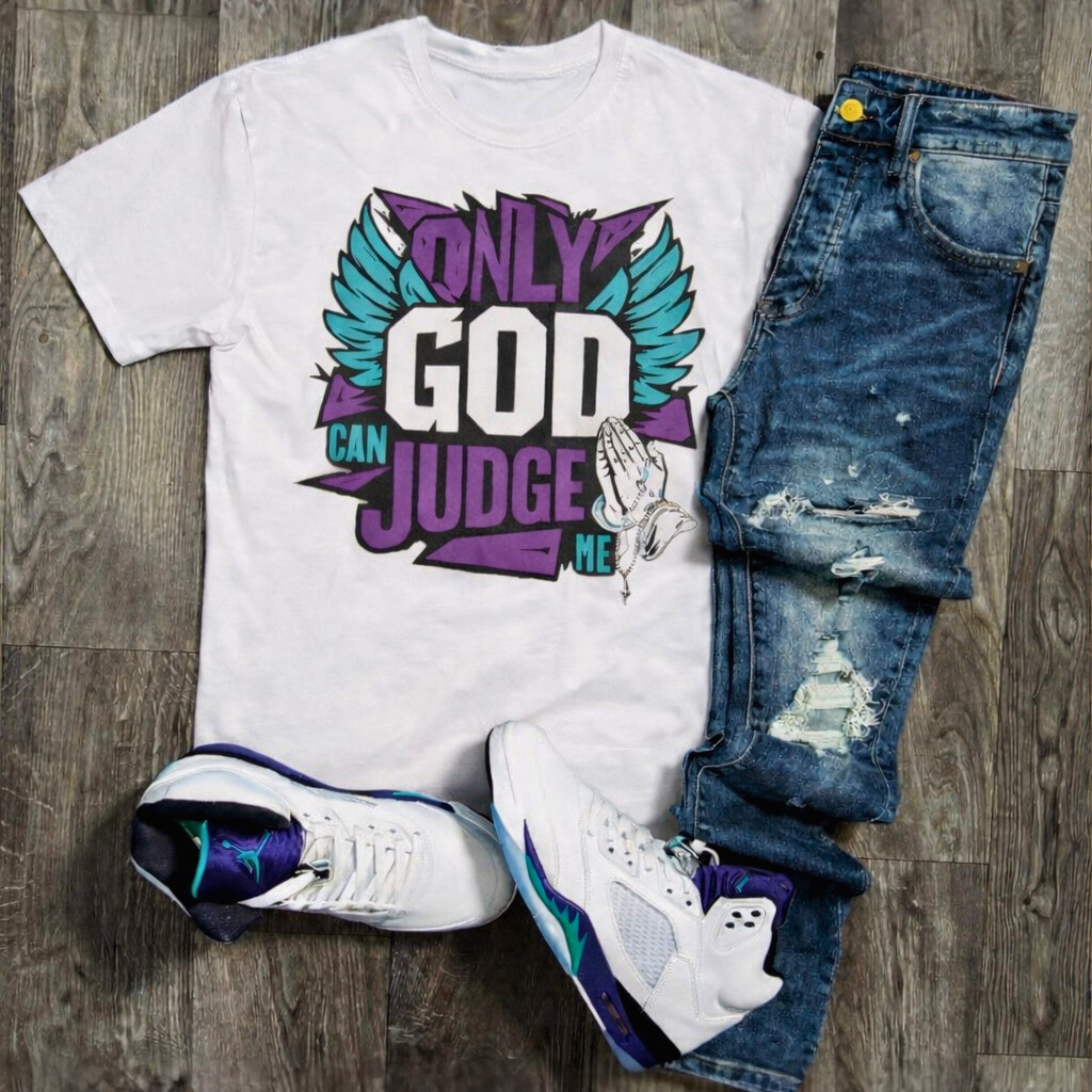 Unisex "Only Can Judge Me" White/Purple/Black Staple Tee product thumbnail image