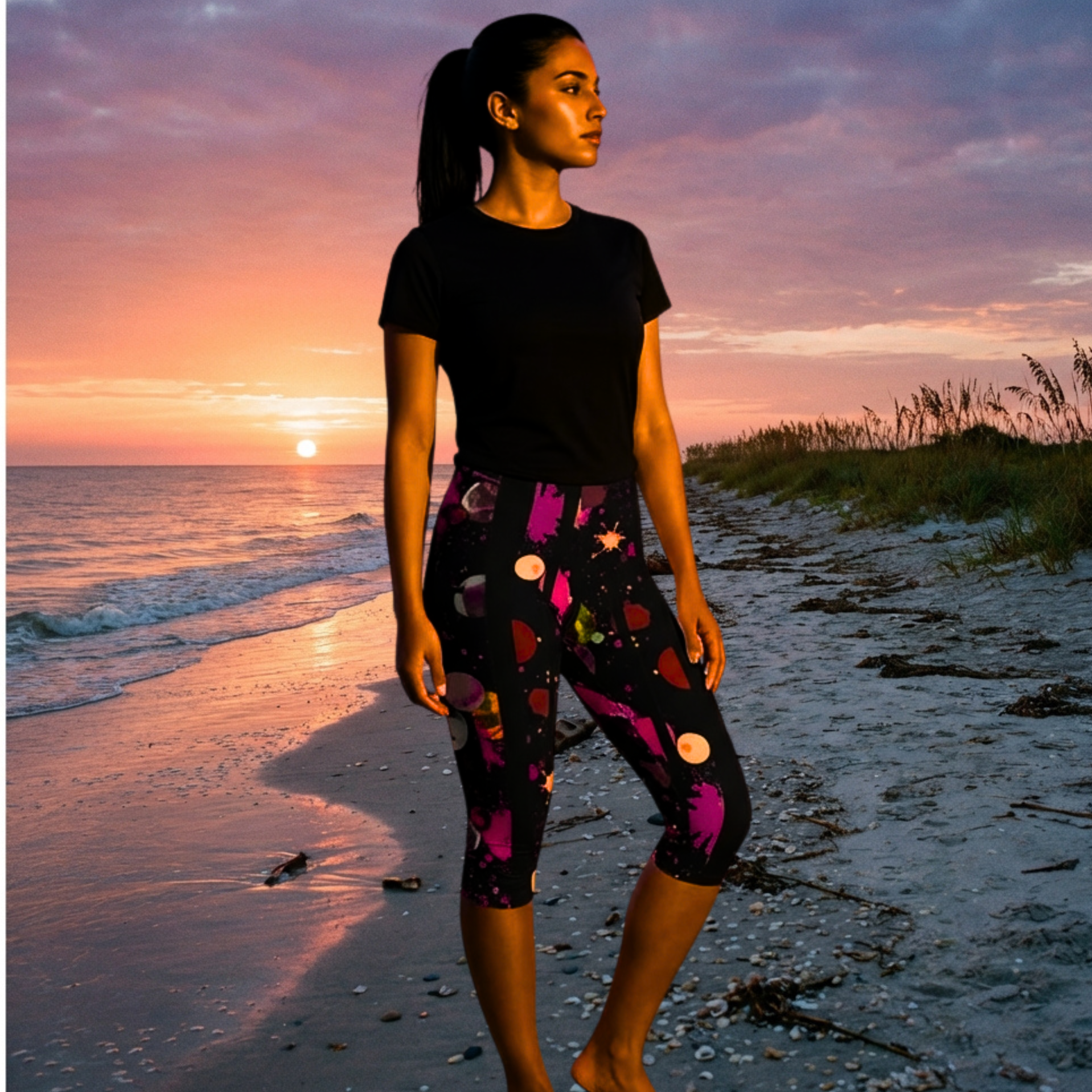 Neon Paint Splatter Capri Leggings — Women's Vibrant AOP Activewear product thumbnail image Neon Paint Splatter Capri Leggings — Women's Vibrant AOP Activewear product thumbnail image