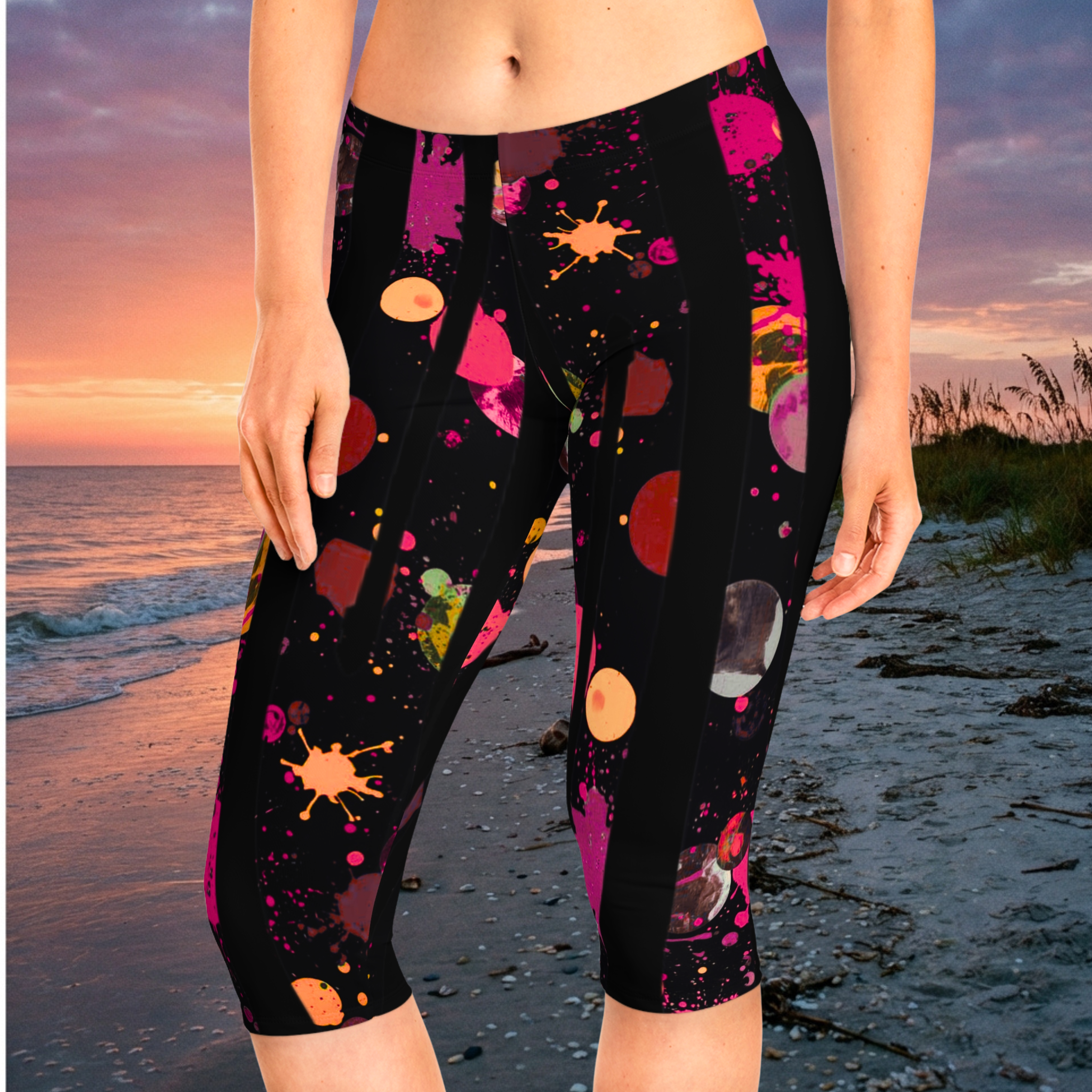Neon Paint Splatter Capri Leggings — Women's Vibrant AOP Activewear