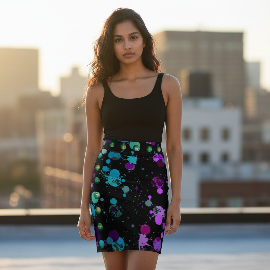 Galaxy Paint Splatter Pencil Skirt — Neon Space Print
