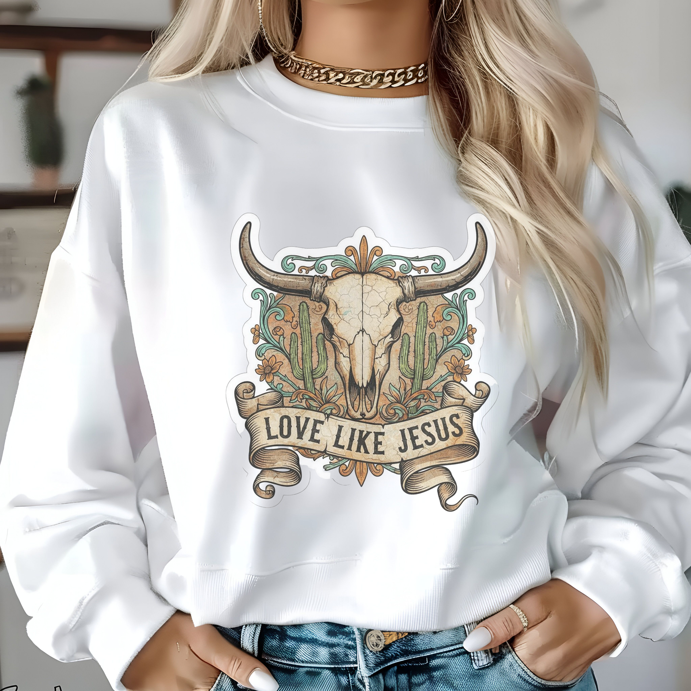 Love Like Jesus Crewneck Sweatshirt — Western Skull Faith Graphic