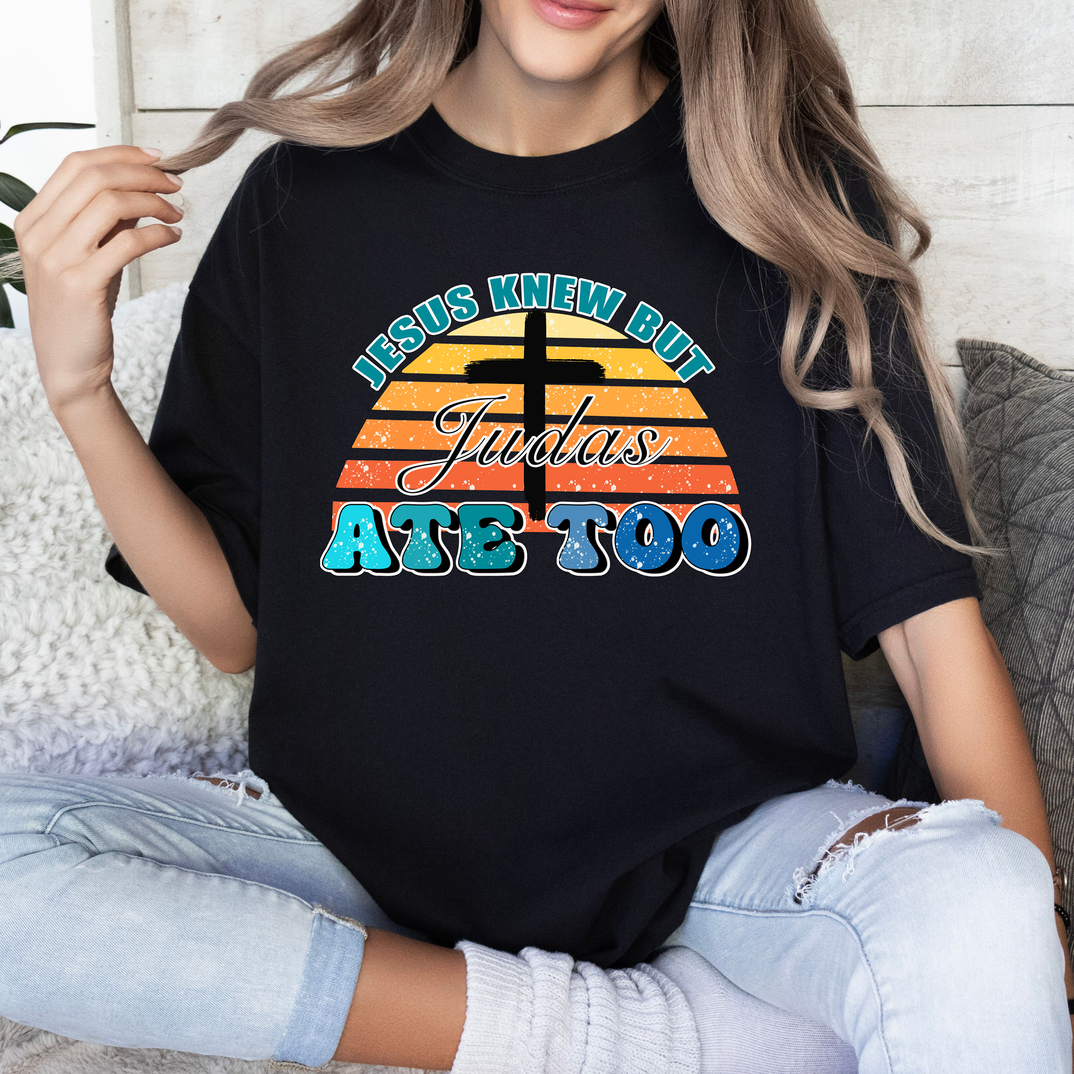 T-Shirt — "Jesus Knew But Judas Ate Too" Retro Cross Tee product thumbnail image T-Shirt — "Jesus Knew But Judas Ate Too" Retro Cross Tee product thumbnail image