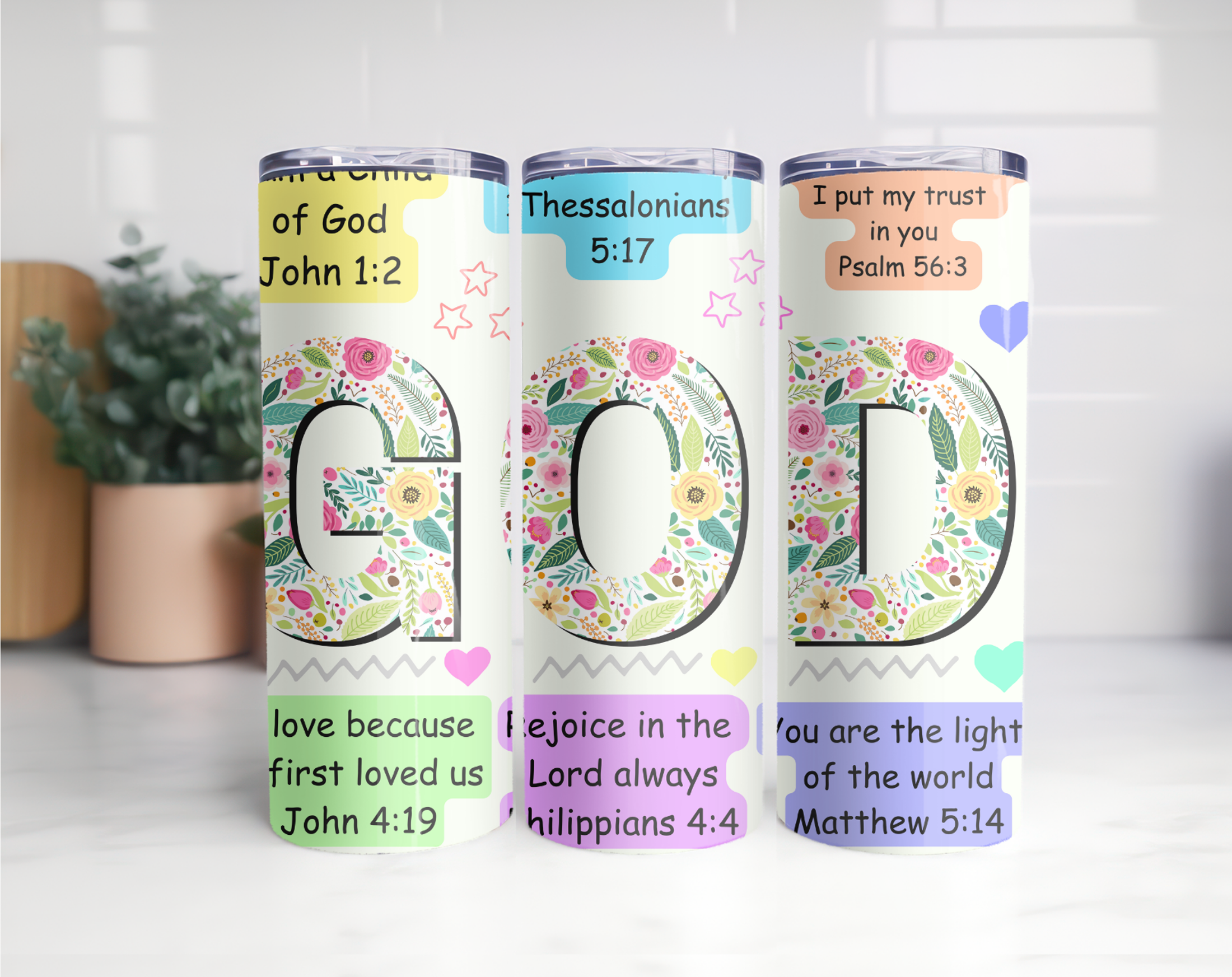 Christian Floral 20oz Stainless Steel Tumbler — Bible Verse Design (John 1:2, 1 Thessalonians 5:17, Philippians 4:4) product thumbnail image