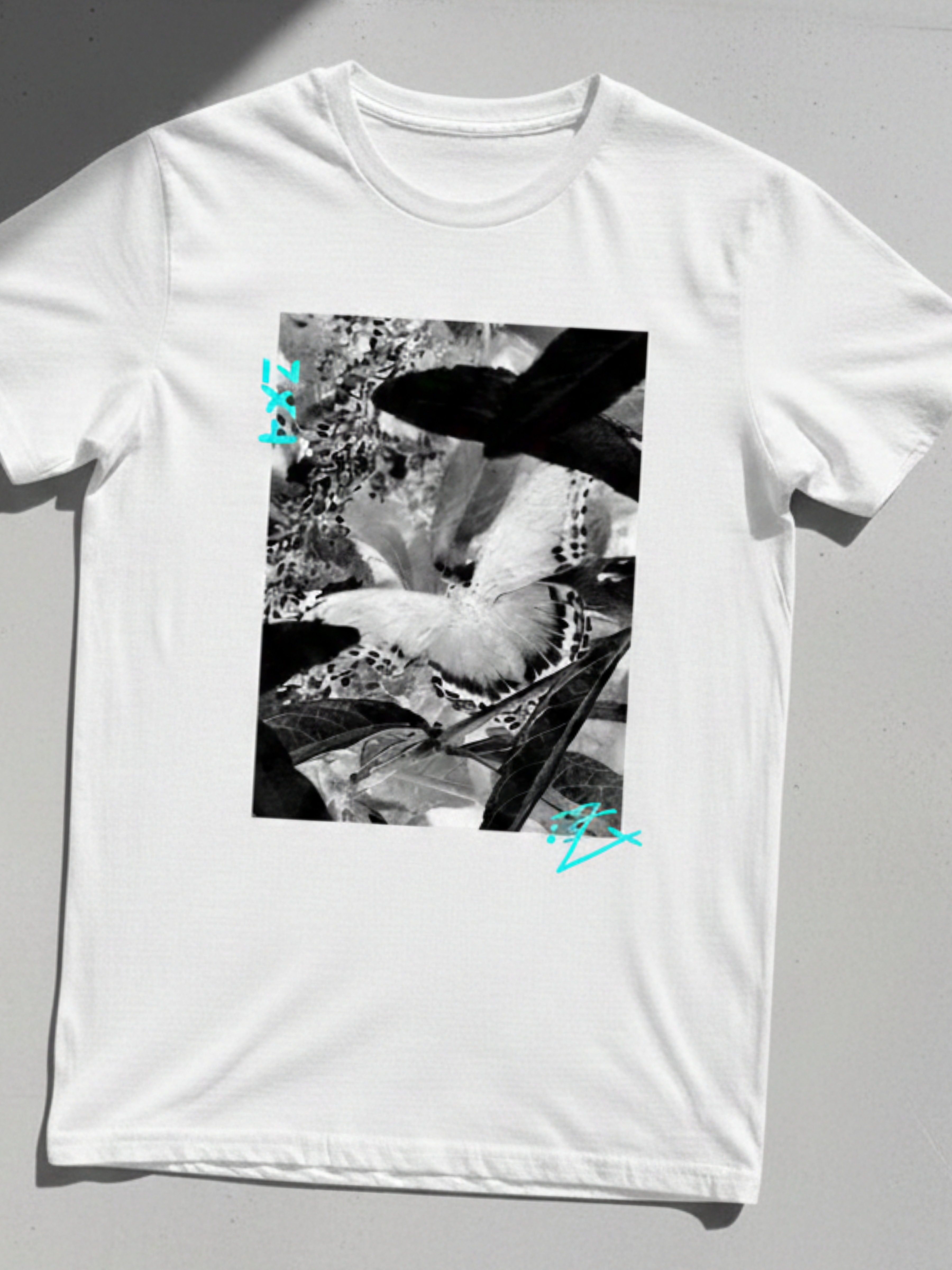 Butterfly Photo Graphic Tee — Monochrome Nature Shirt with Teal Accents product thumbnail image Butterfly Photo Graphic Tee — Monochrome Nature Shirt with Teal Accents product thumbnail image