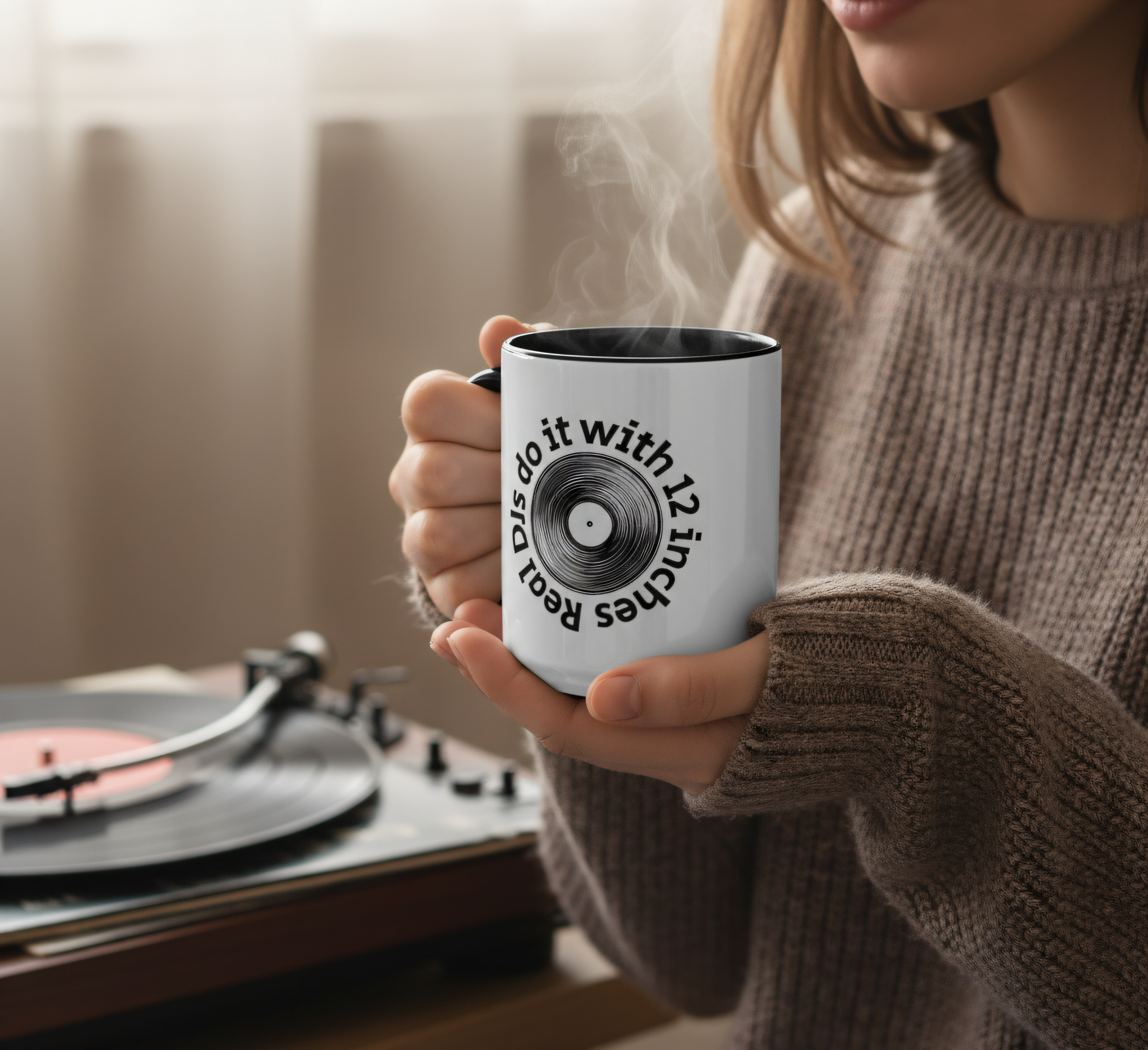 Vinyl Record DJ Music Accent Mug | Real DJs do it with 12 inches Coffee Mug product thumbnail image