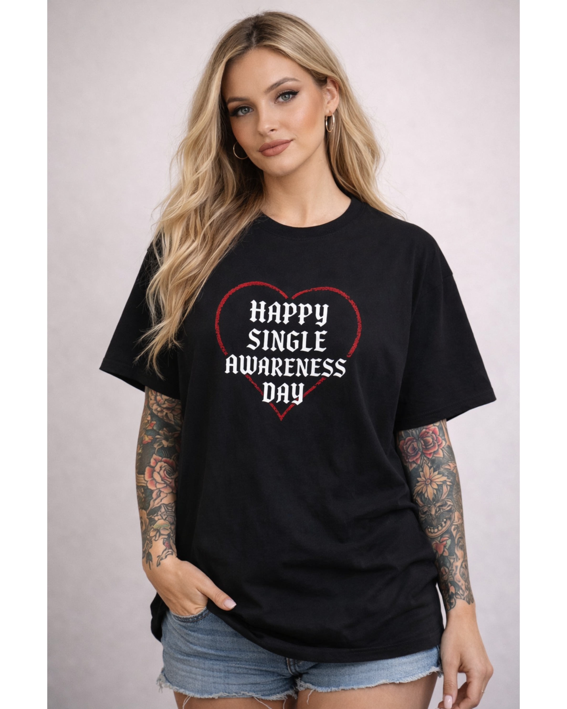 Happy Single Awareness Day Shirt—Gothic Valentine T-Shirt, Anti-Valentine Funny Single Tee, Old English Heart Shirt product thumbnail image