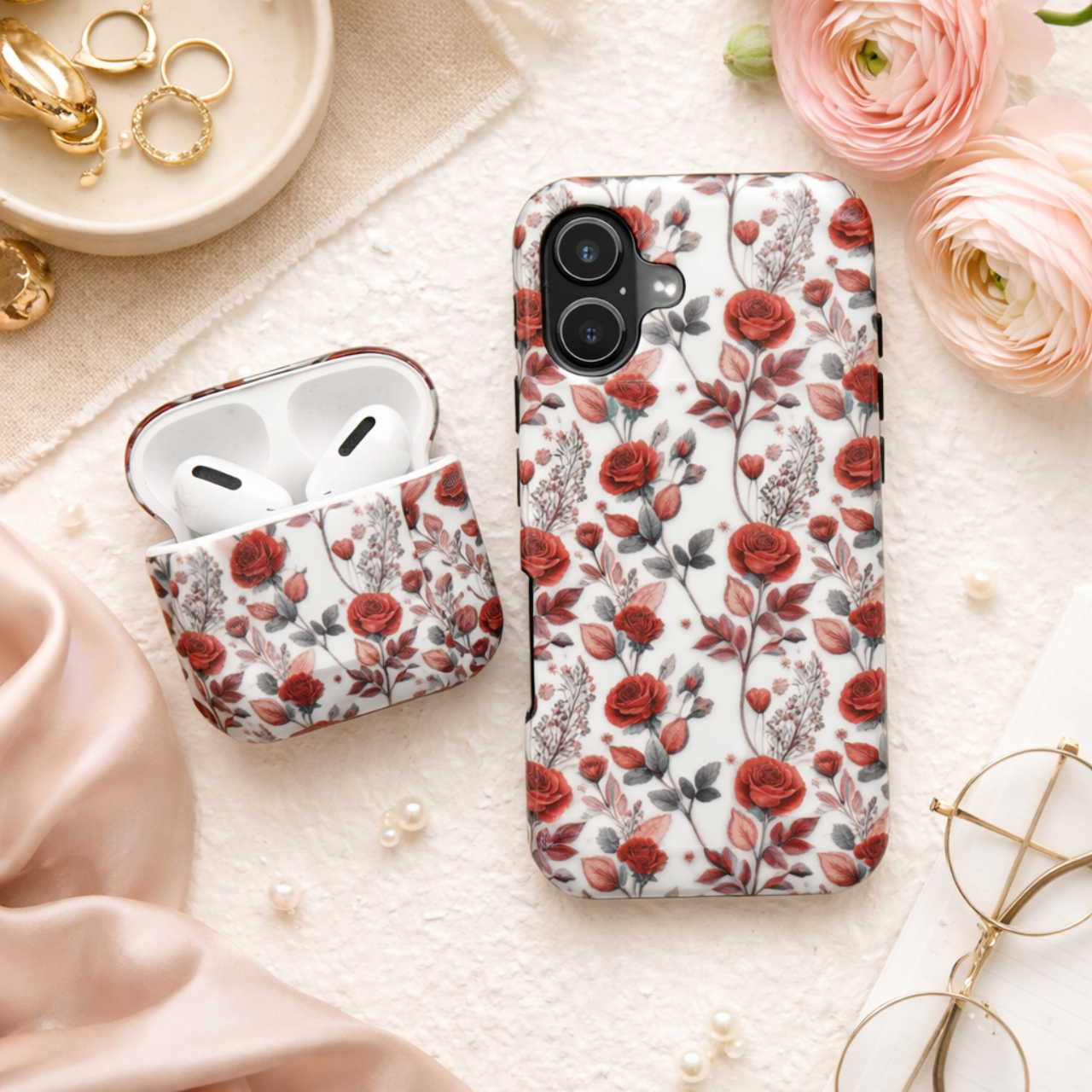 Floral Phone Case — Vintage Red Rose Pattern (Protective Floral iPhone Case) product thumbnail image