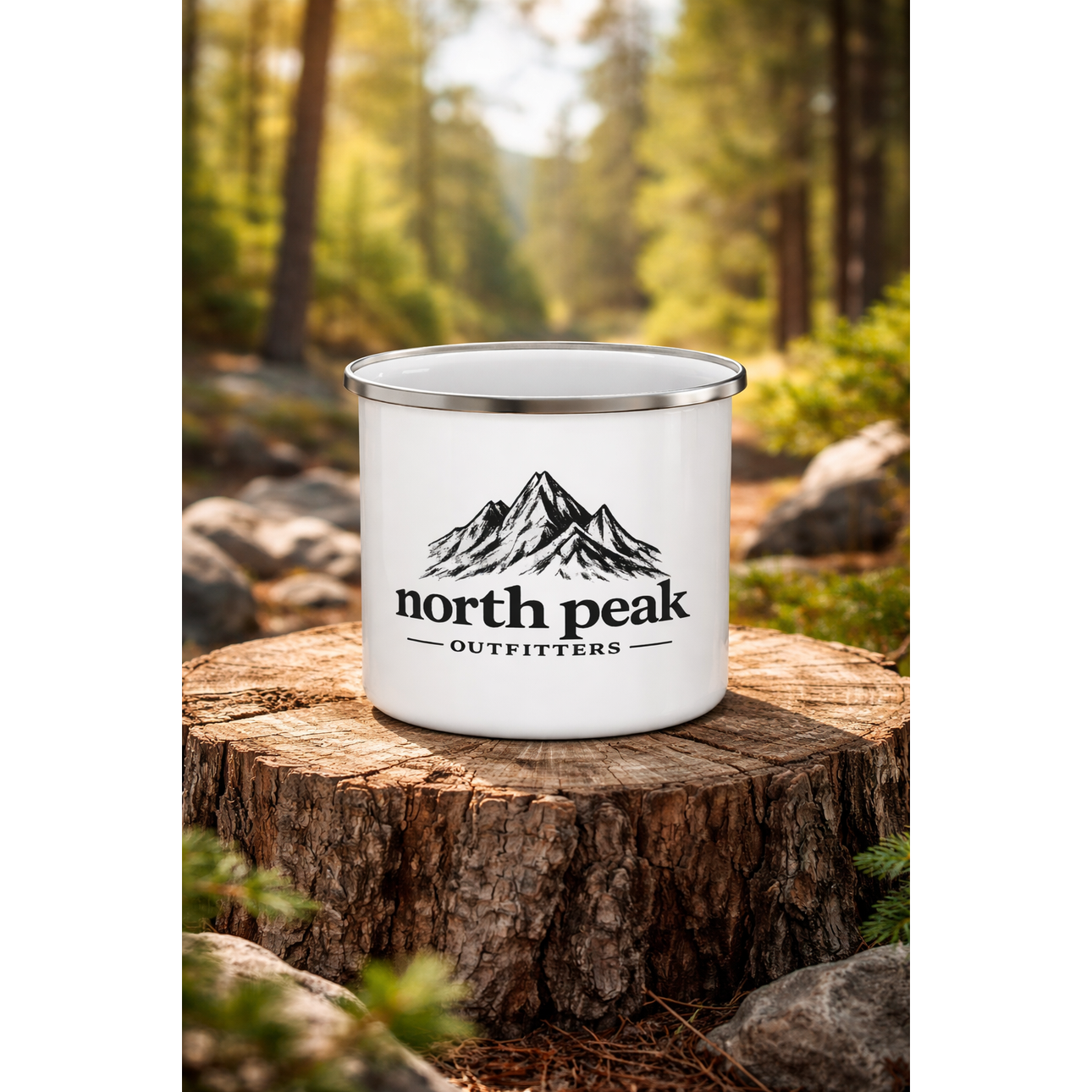 Enamel Camping Mug — 'North Peak Outfitters' Mountain Camp Coffee Cup